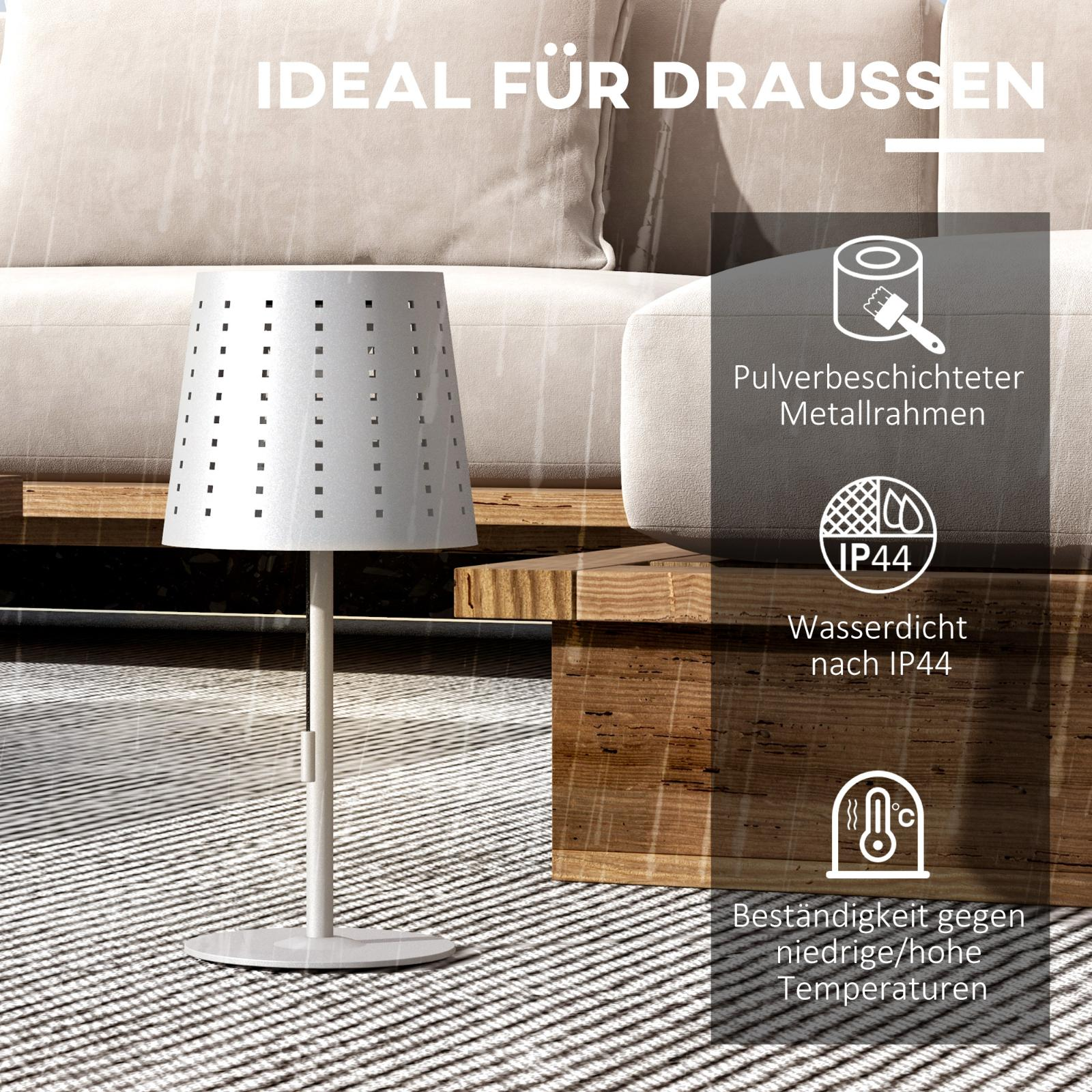 Weiße Tischlampe auf einem Teppich. Text: Ideal für Draussen. IP44. Pulverbeschichteter Metallrahmen. Temperatur.