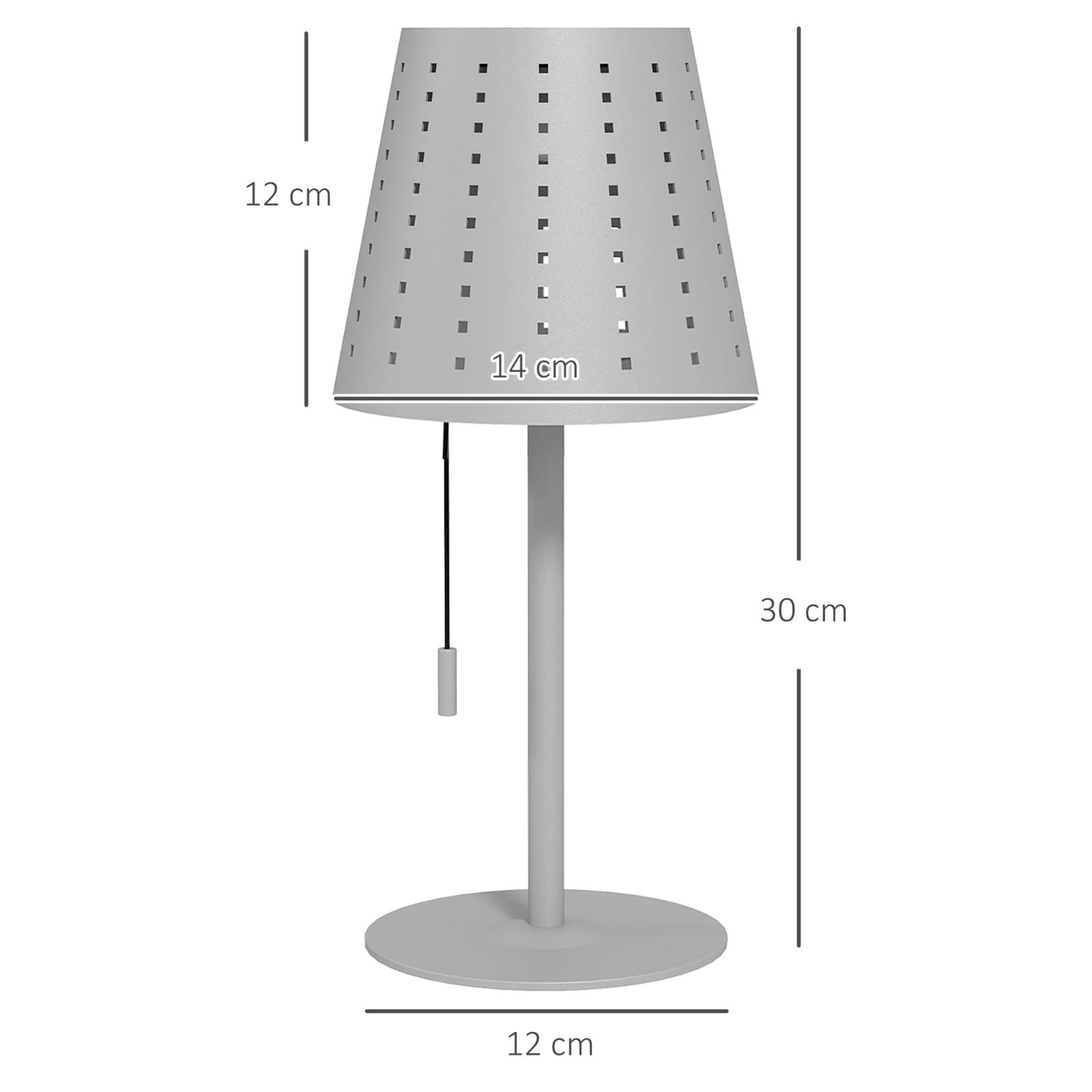 Eine weiße Lampe mit den angegebenen Abmessungen: 12 cm, 14 cm und 30 cm. Ein schwarzes Kabel hängt herunter.