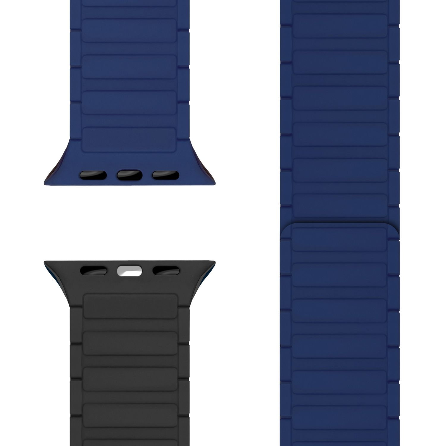 Zwei Apple Watch-Armbänder, marineblau und schwarz. Das marineblaue ist zweiteilig, das schwarze einteilig.