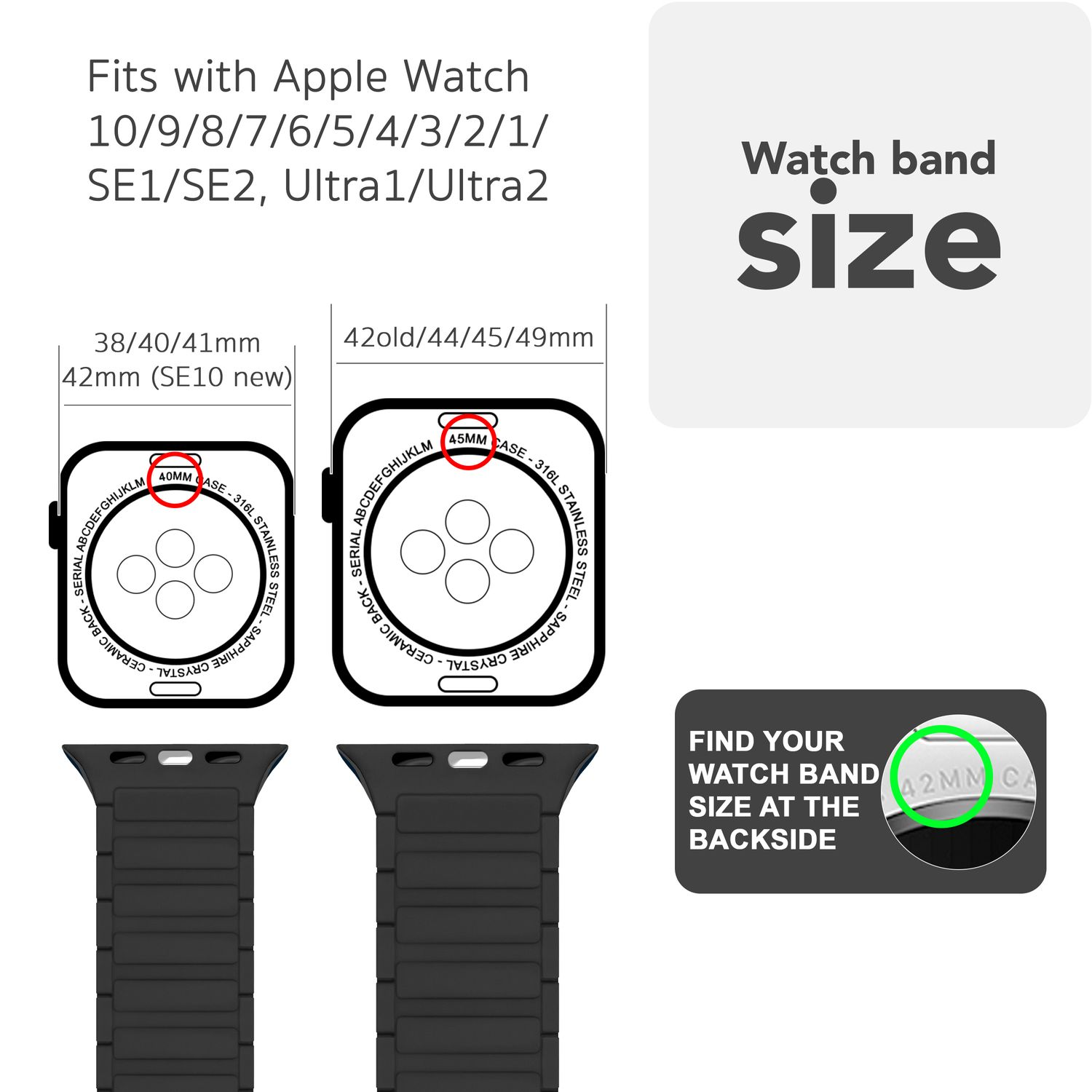 Apple Watch-Armbandgrößenübersicht. Zeigt 38/40/41mm und 42old/44/45/49mm. Text: Finden Sie Ihre Armbandgröße.