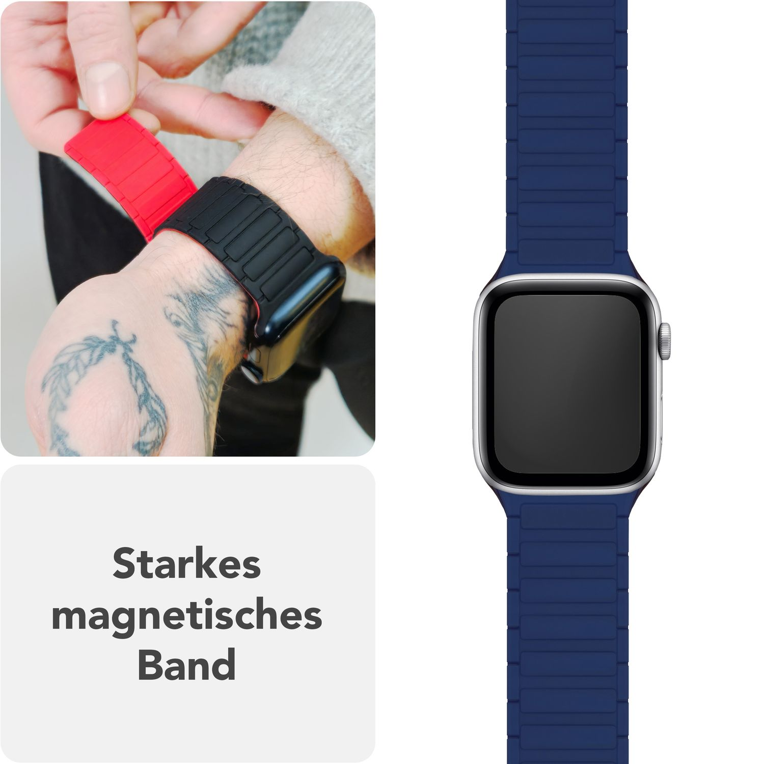 Ein Armband wird an einer Uhr befestigt. Das Armband ist dunkelblau.