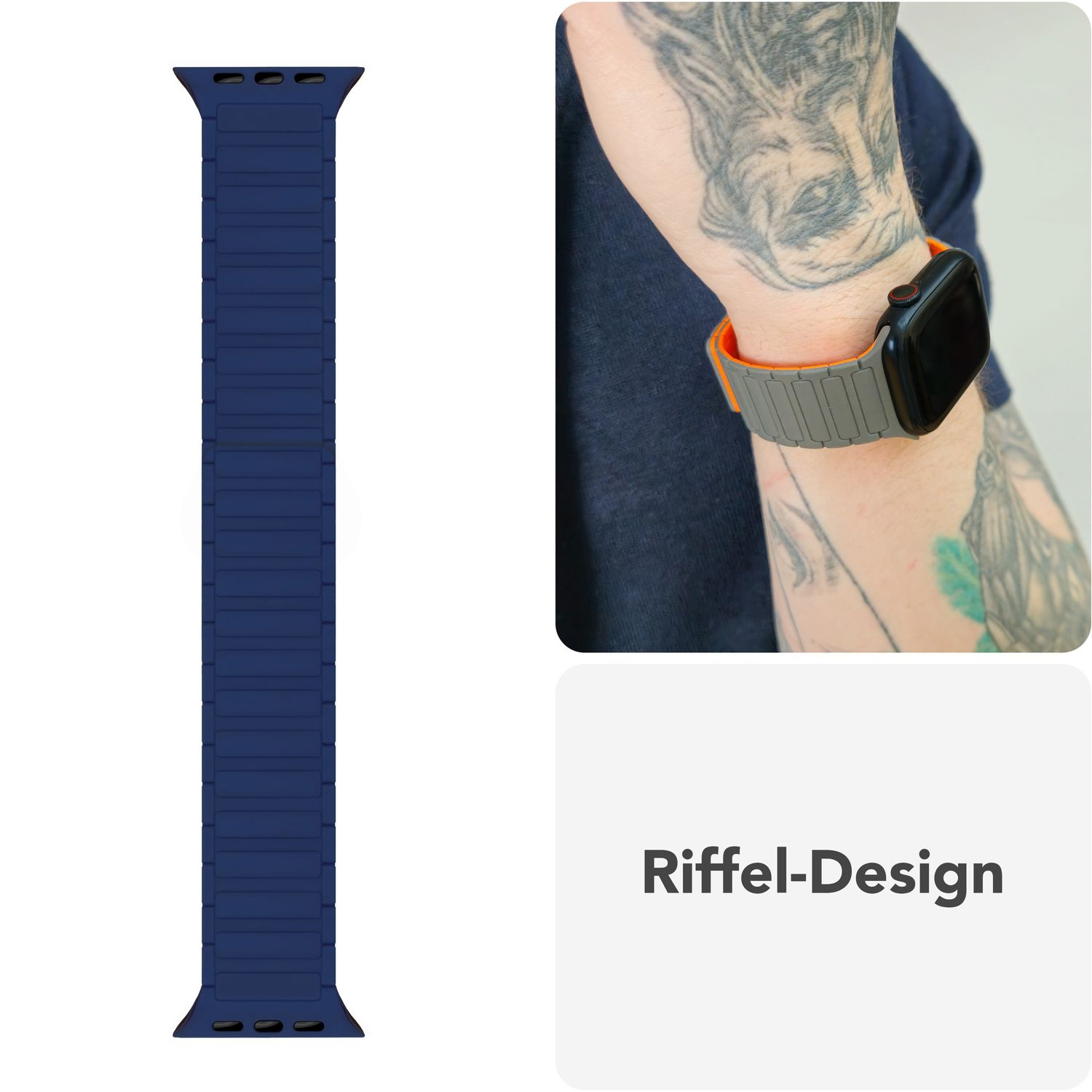 Blaues Uhrenarmband und ein Handgelenk mit orange-grauem Uhrenarmband. Text: Riffel-Design.