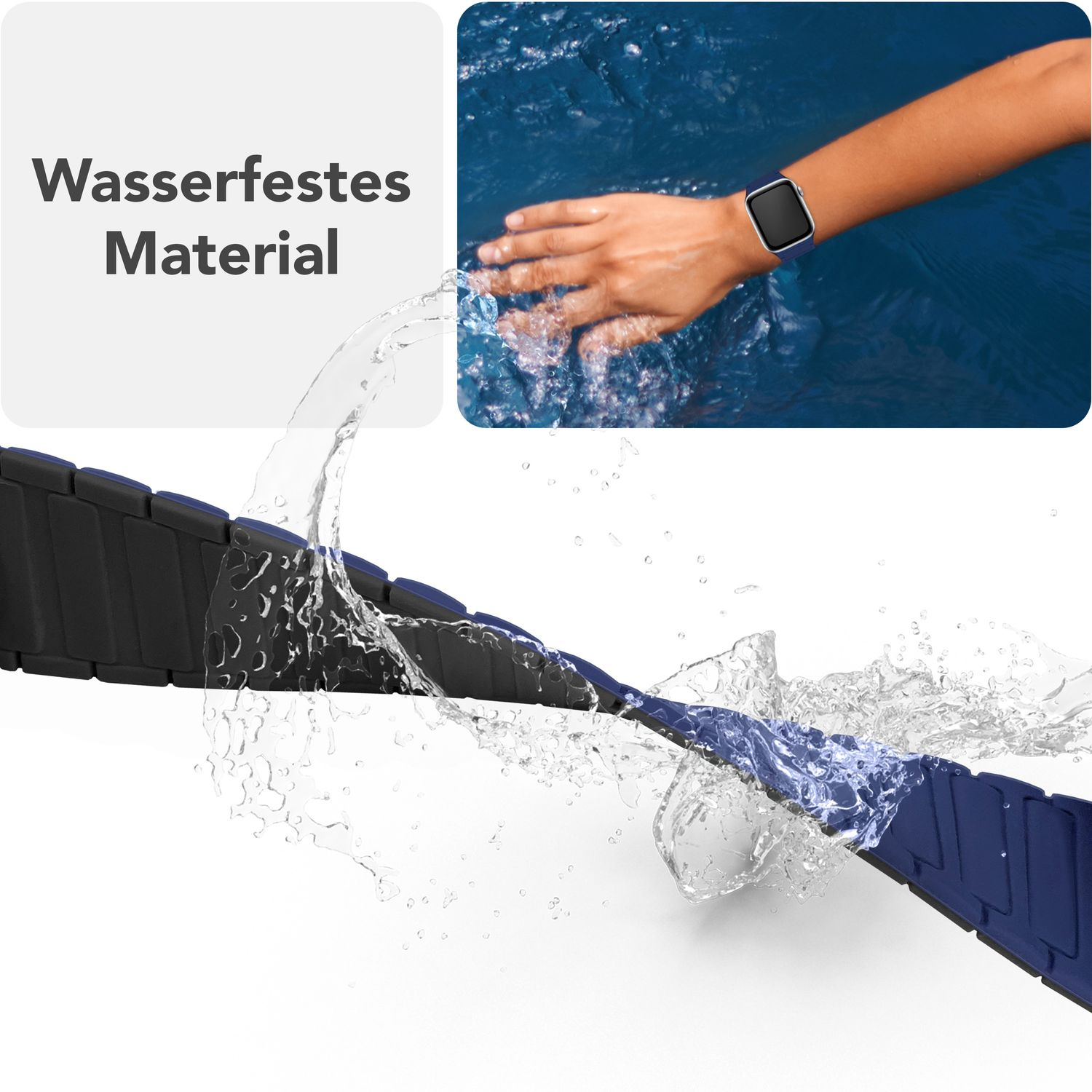 Ein schwarzes und marineblaues Uhrenarmband wird mit Wasser bespritzt. Text: wasserfestes Material.