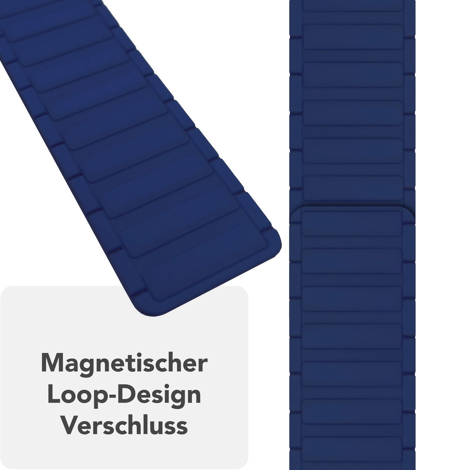 Blaues Uhrenarmband. Text: Magnetischer Loop-Design Verschluss.