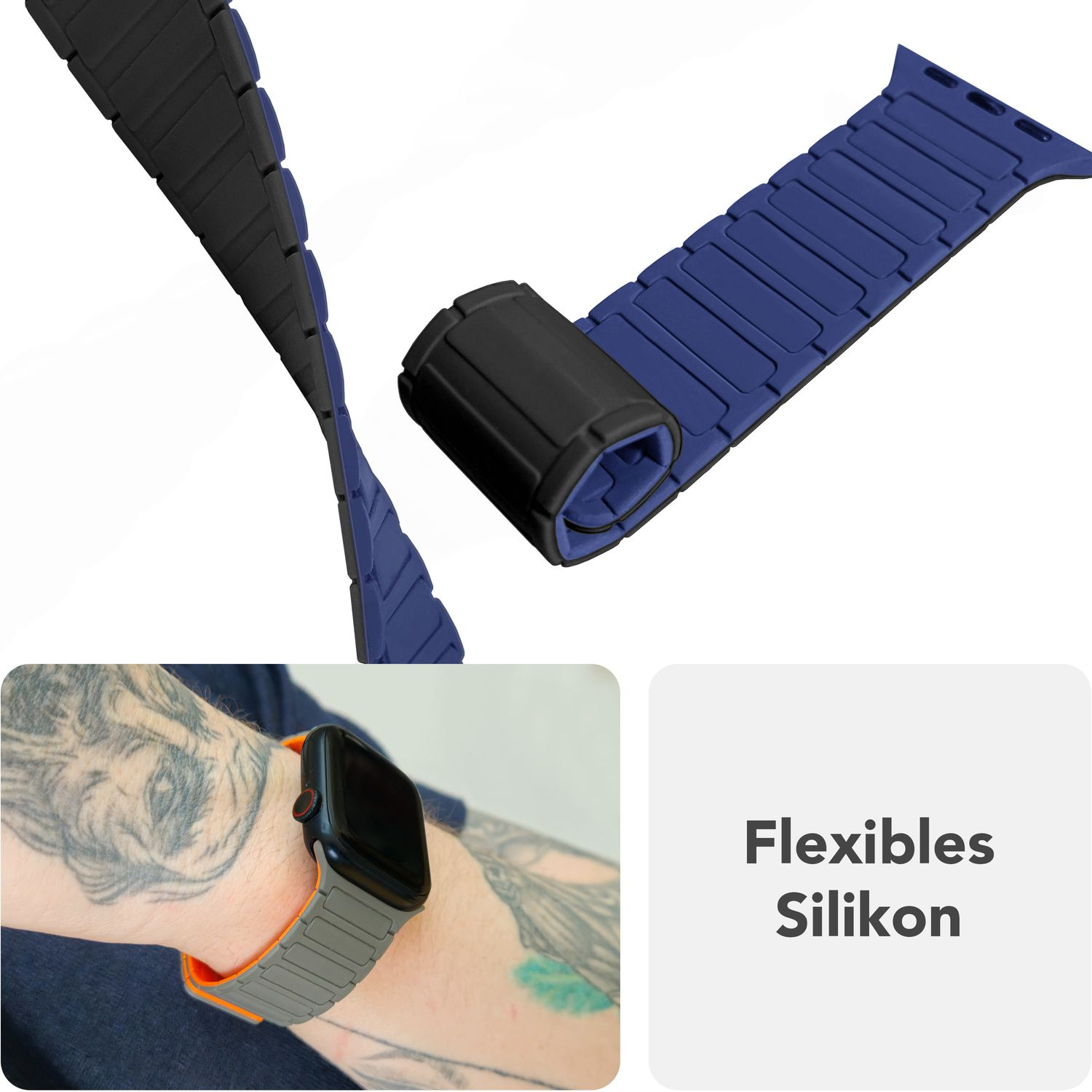 Ein graues und oranges Uhrenarmband ist an einem Handgelenk zu sehen. Text: flexibles Silikonmaterial.