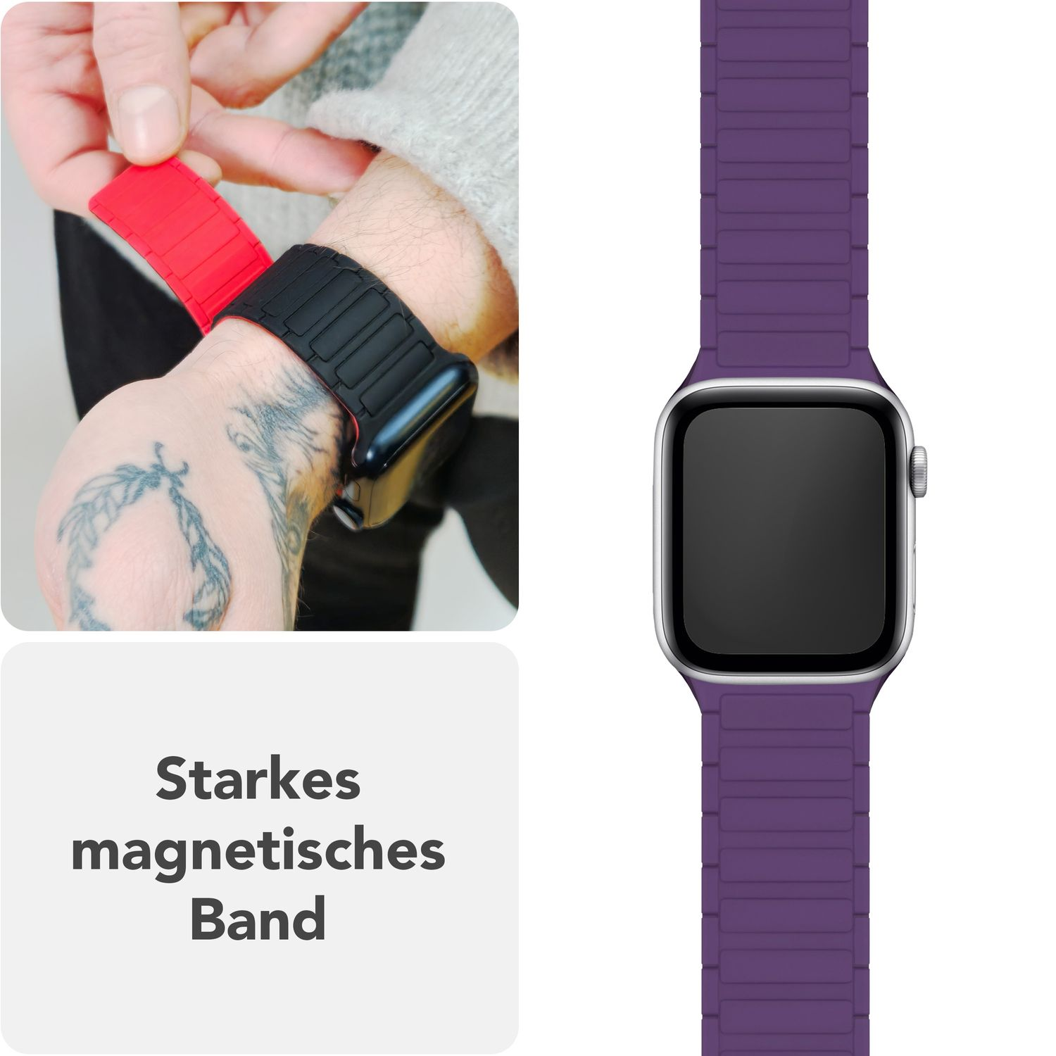 Handgelenk mit lila Apple Watch Armband und rotem Band, das befestigt wird. Schwarze Uhr.