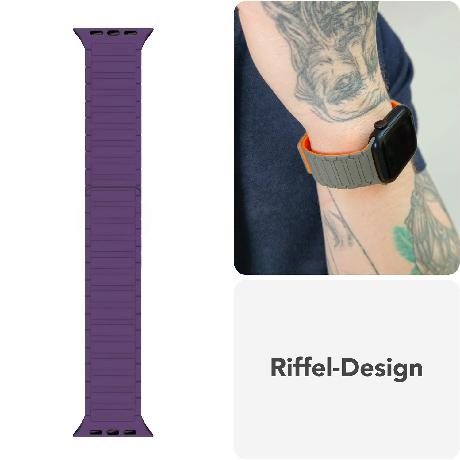 Ein violettes Armband und ein grau-oranges Armband an einem Handgelenk. Das Design wird als 'Riffel-Design' bezeichnet.