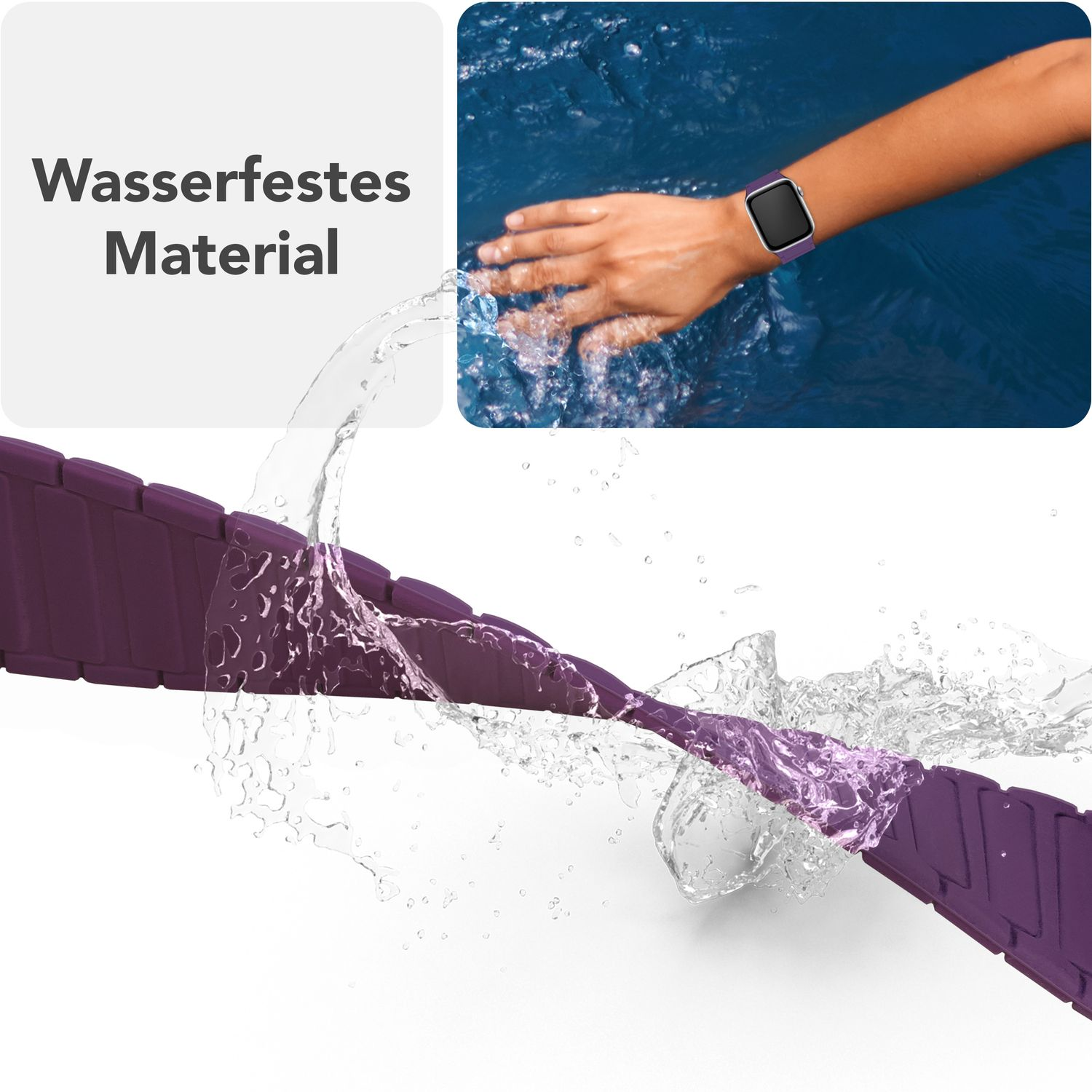 Ein lila Uhrenarmband mit Wasserspritzern. Text: wasserfestes Material.