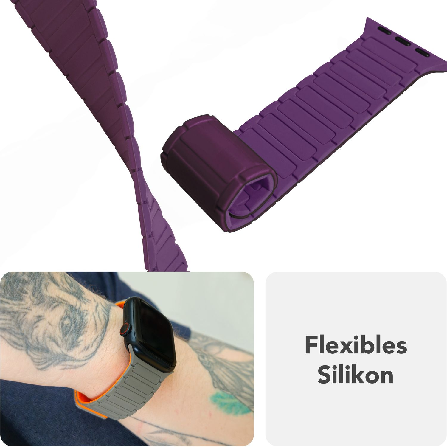 Ein gerolltes, lilafarbenes Uhrenarmband wird gezeigt. Ein graues und oranges Band am Handgelenk. Text: Flexibles Silikon.