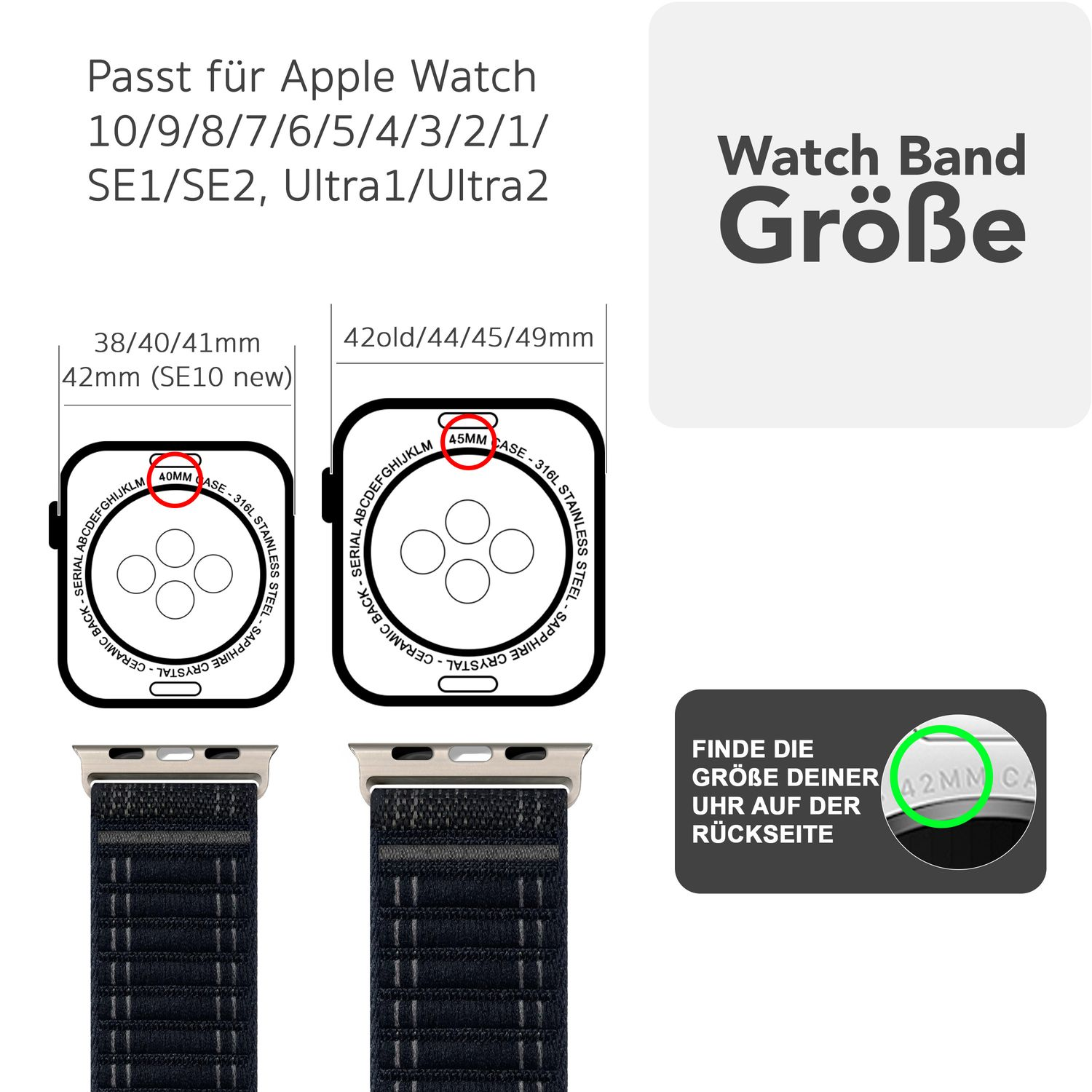 Diagramm zeigt Apple Watch-Größen und Messanleitung. Text: Kompatibilität mit Modellen.