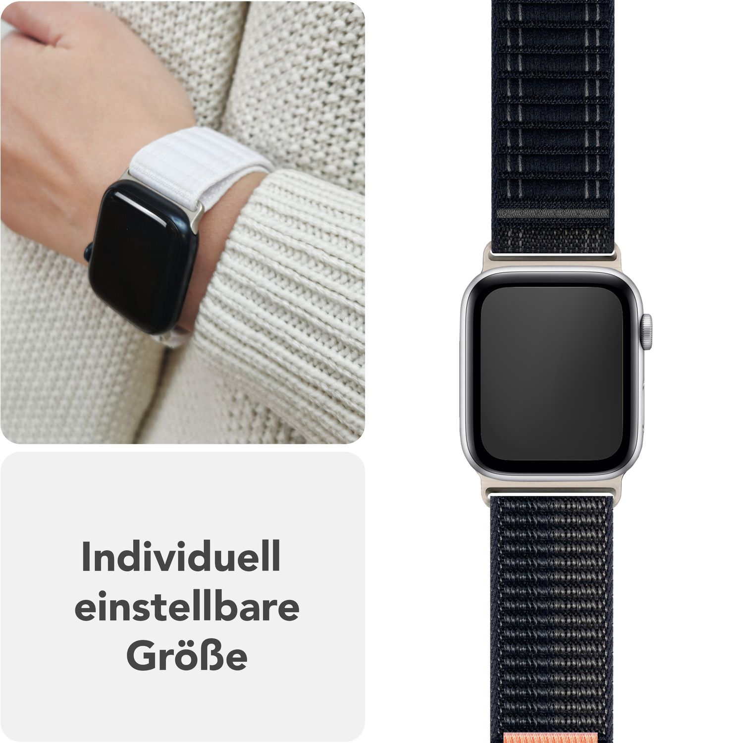 Ein weißes Uhrenarmband an einem Handgelenk. Ein schwarzes Zifferblatt ist zu sehen. Text: Individuell einstellbare Größe.