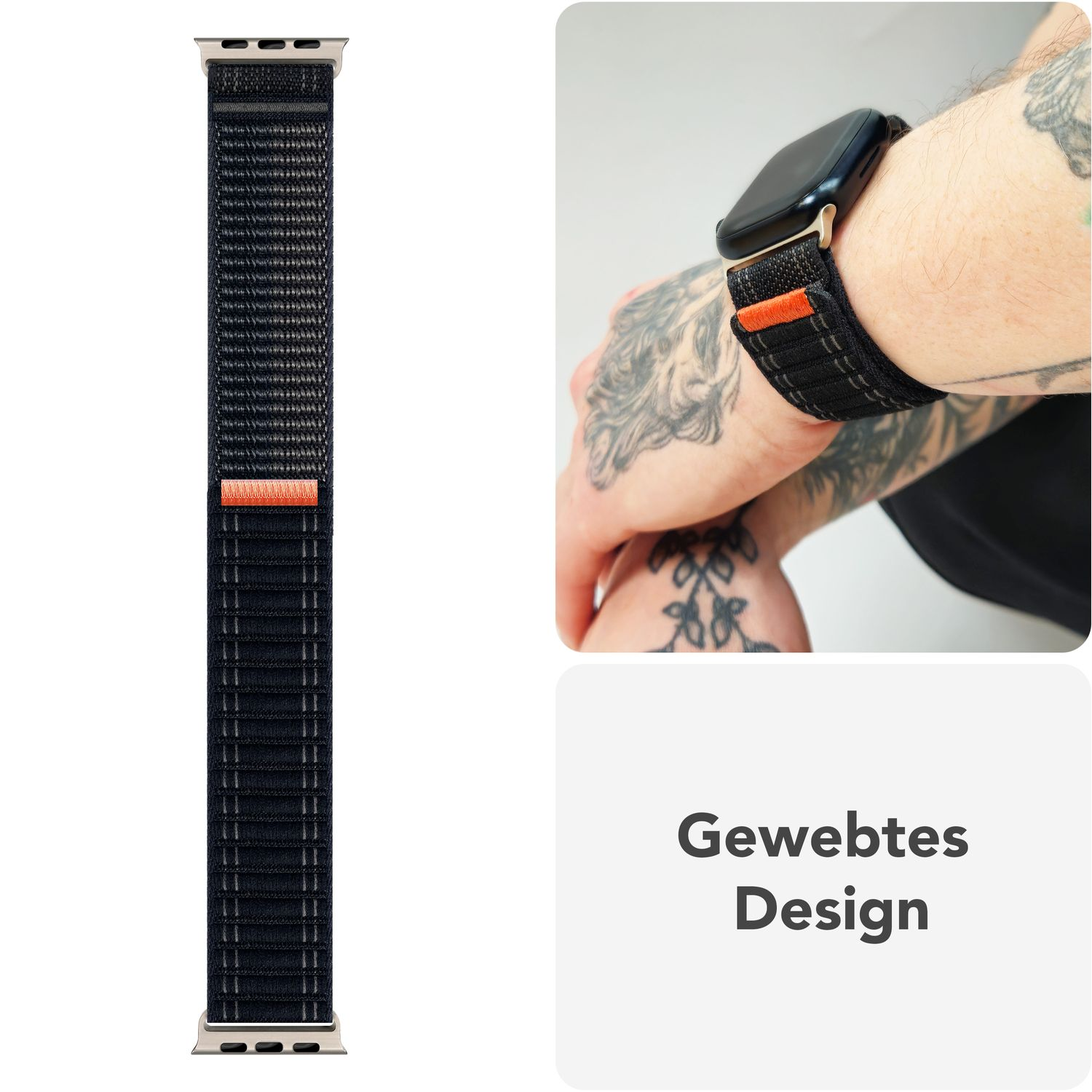 Schwarzes und marineblaues Apple Watch-Armband. Eine Seite zeigt eine Uhr am Handgelenk. Text in der Ecke.