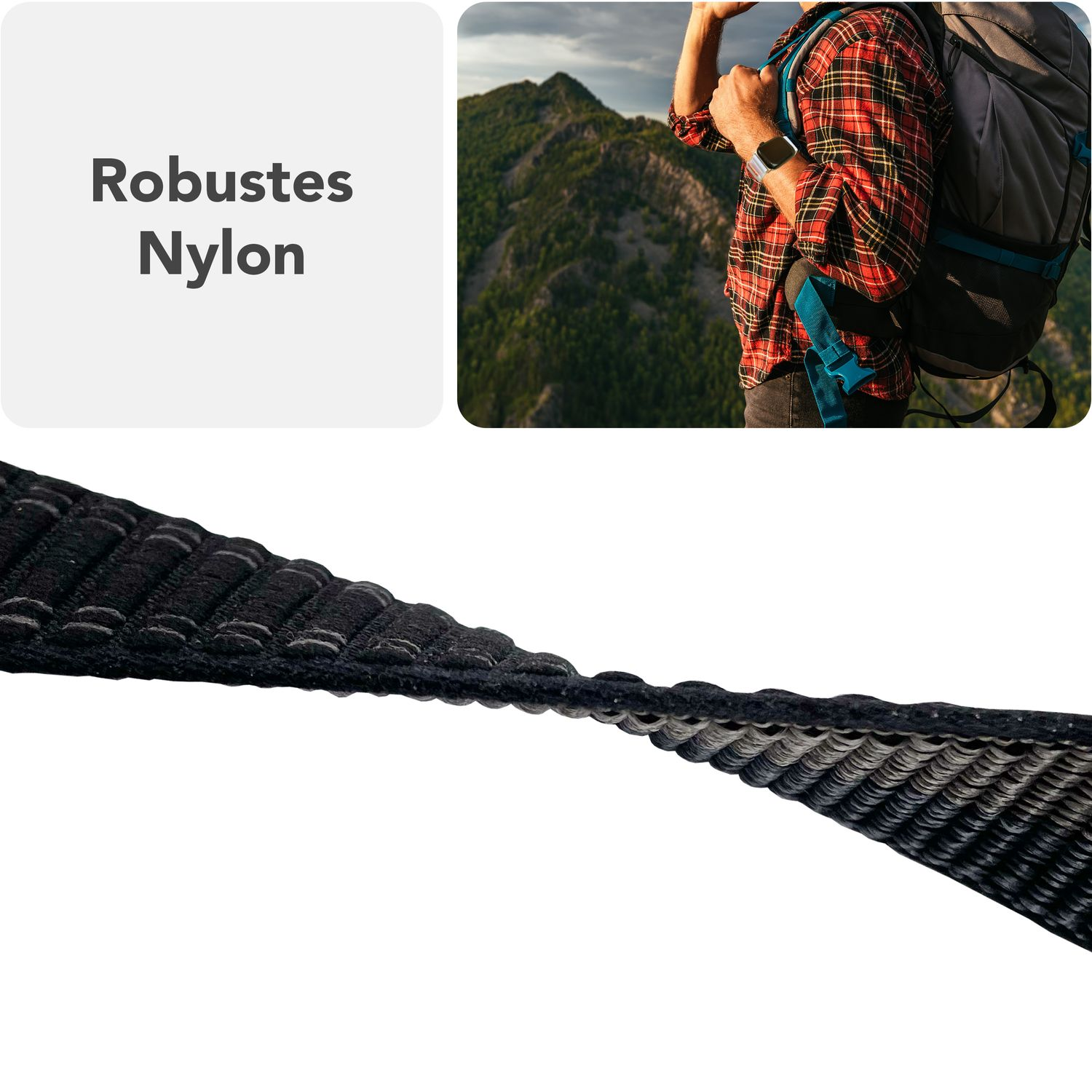 Nahaufnahme eines schwarzen Nylon-Uhrenarmbands. Text: Robustes Nylon. Eine Berglandschaft im Hintergrund.