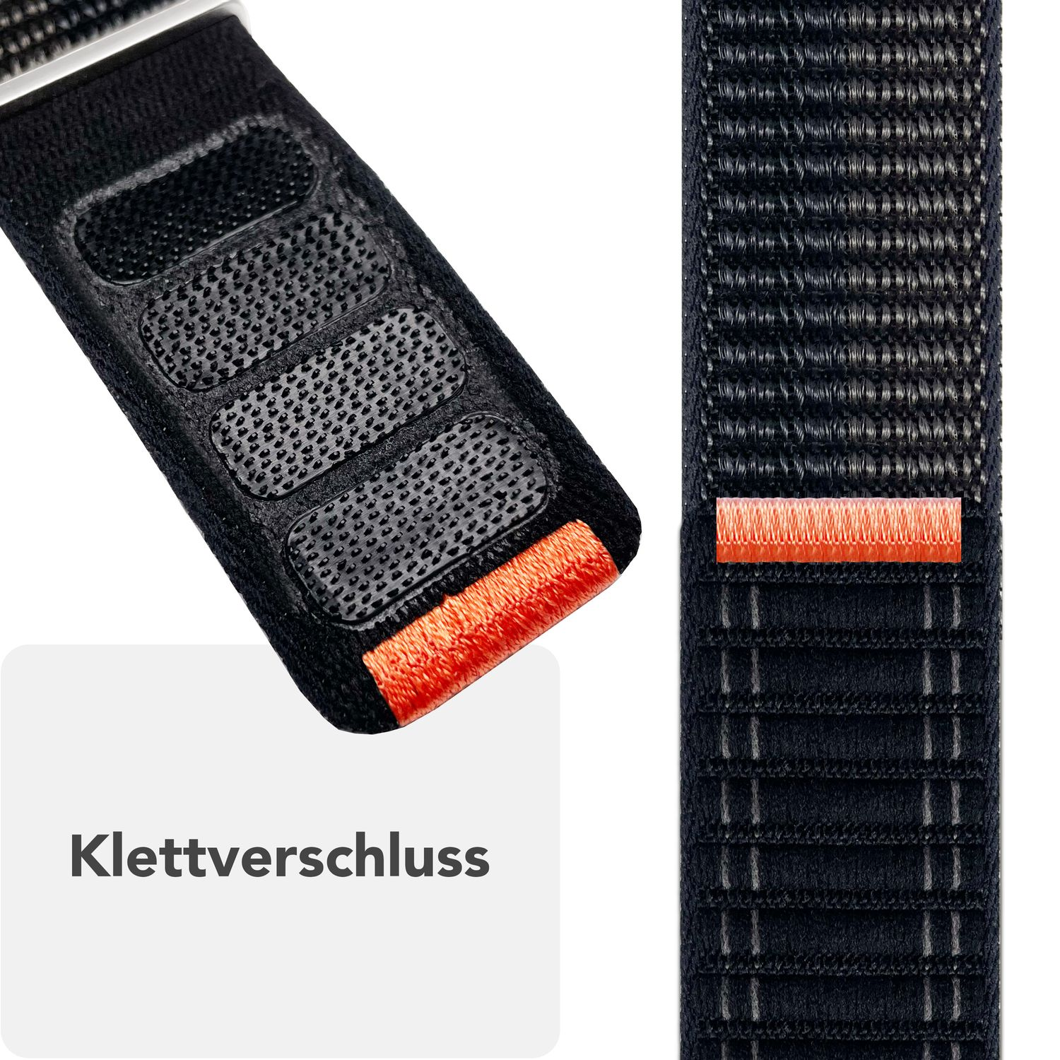 Schwarzes Uhrenarmband mit Klettverschluss, oranges Detail. Text: Klettverschluss.