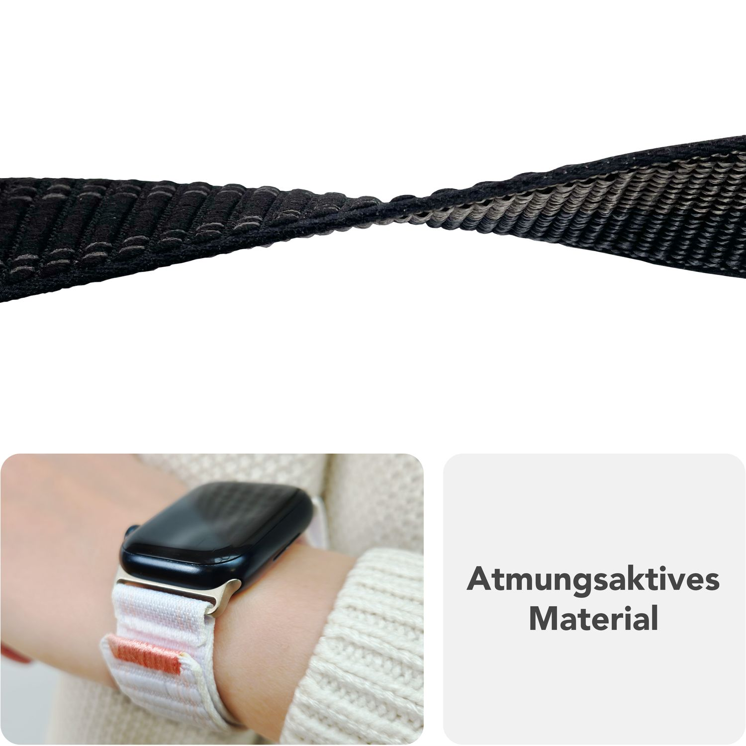 Schwarzes, strukturiertes Uhrenarmband. Ein Handgelenk mit weißem Armband. Text: Atmungsaktives Material.