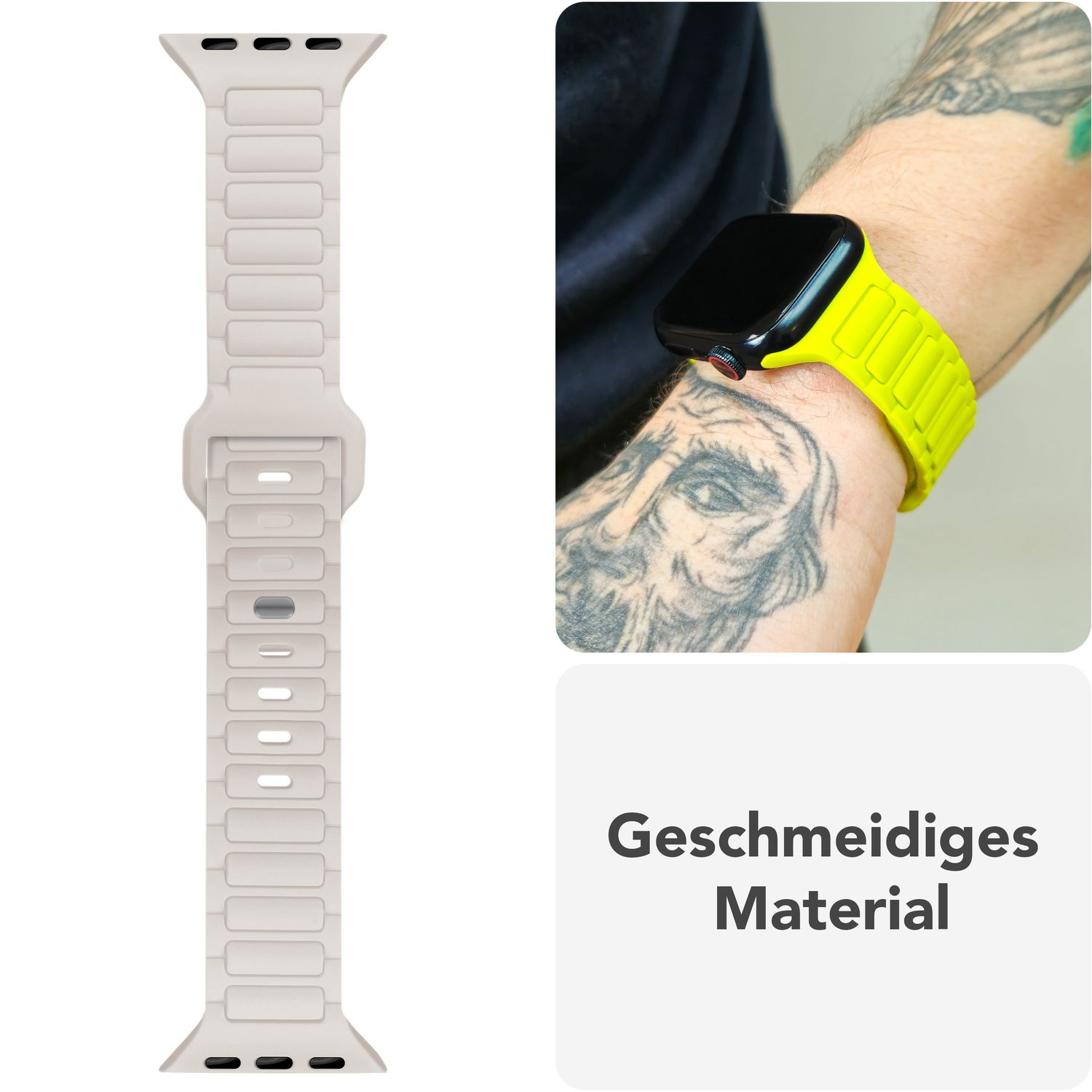 Beiges Uhrenarmband. Person trägt gelbes Uhrenarmband. Text: Geschmeidiges Material.