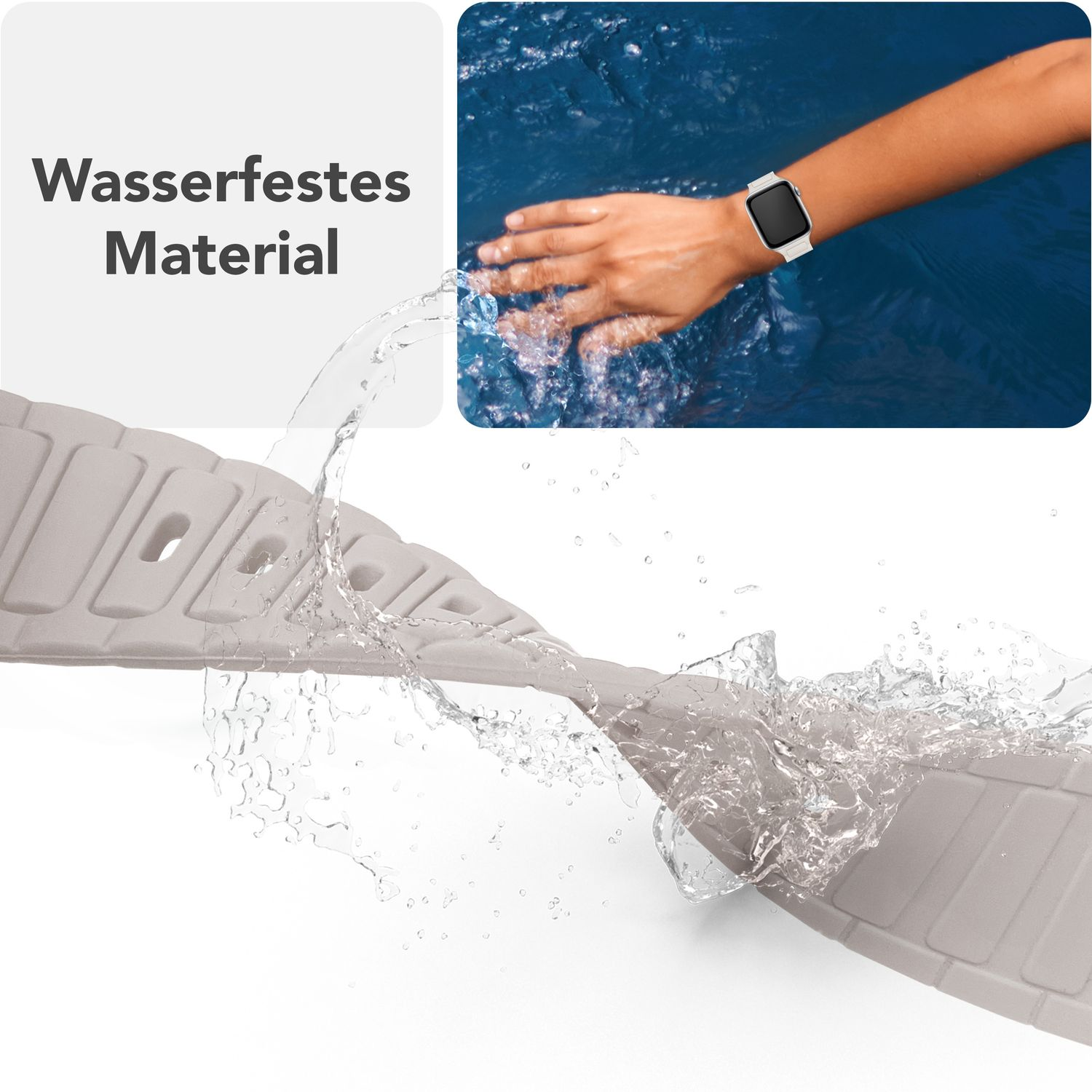 Wasser spritzt auf Uhrenarmband. Text: Wasserdichtes Material.