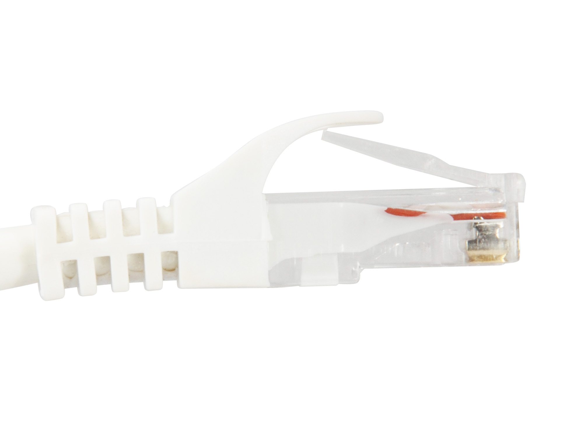 Witte connector met een rode draad erin. De connector heeft een witte vergrendeling.
