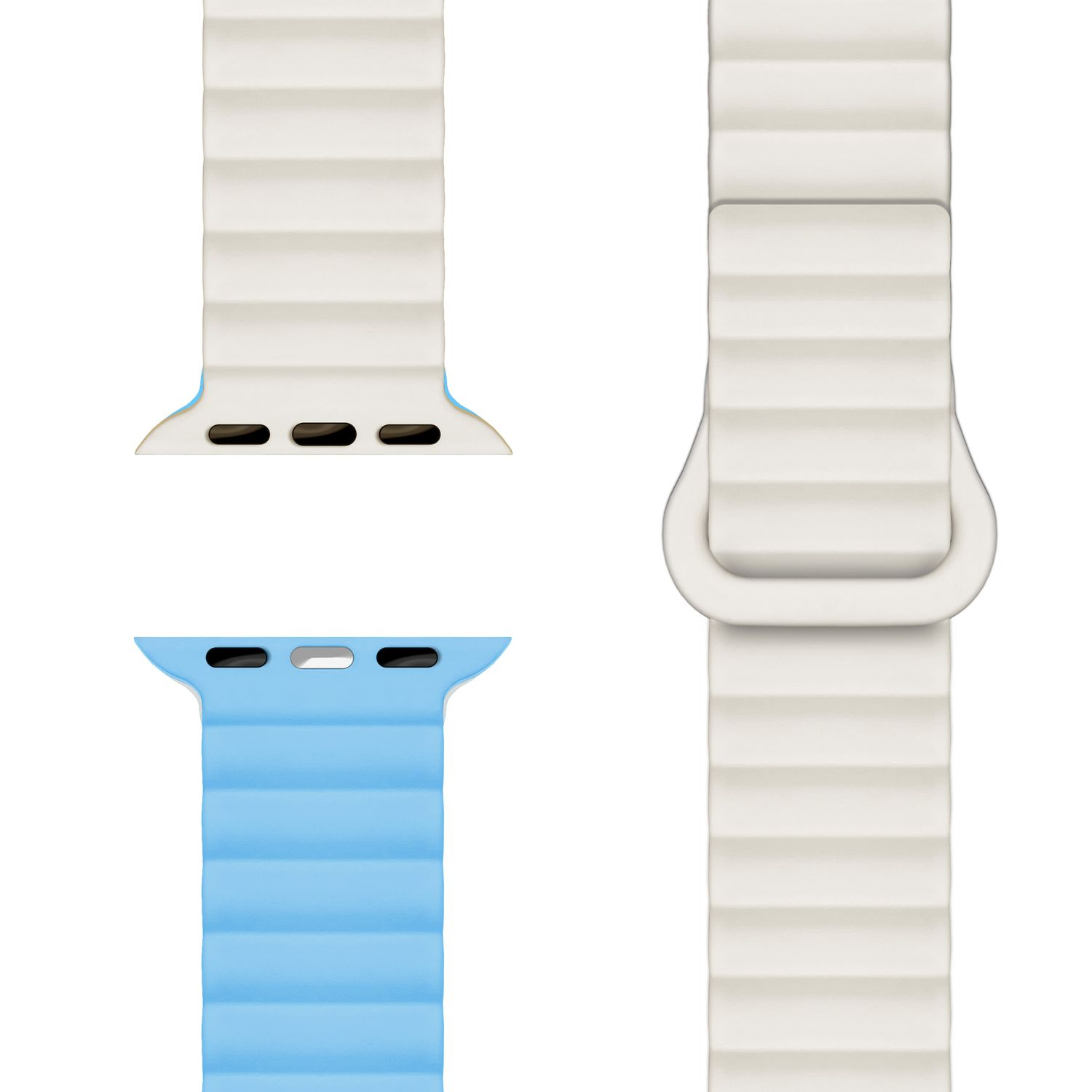 Drei Uhrenarmbänder. Eines ist weiß, eines ist blau und eines ist weiß. Alle haben ein geriffeltes Design.