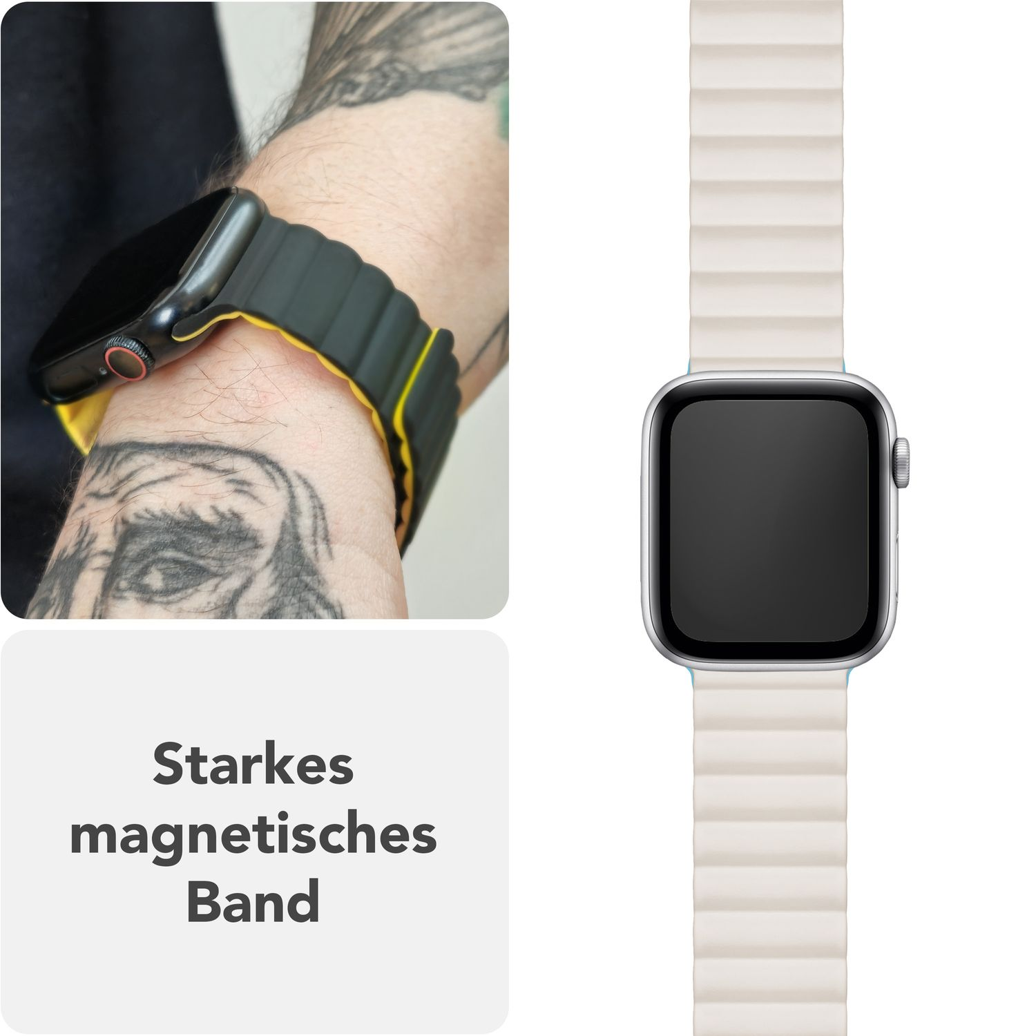 Ein weißes Uhrenarmband an einem Handgelenk mit einer schwarzen Uhr und einem gelben Band. Ein weiteres Band wird rechts angezeigt.