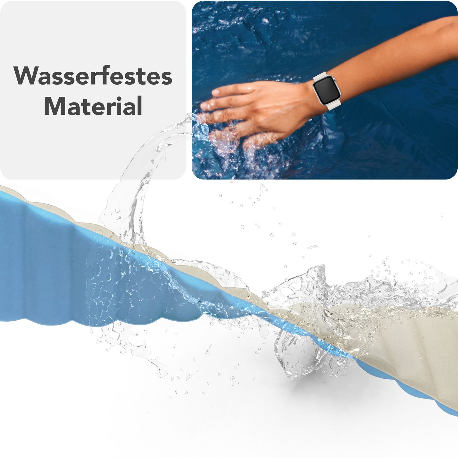 Wasser spritzt über ein Uhrenarmband. Die Hand einer Person mit einer Uhr befindet sich im Wasser. Das Band ist blau und beige.