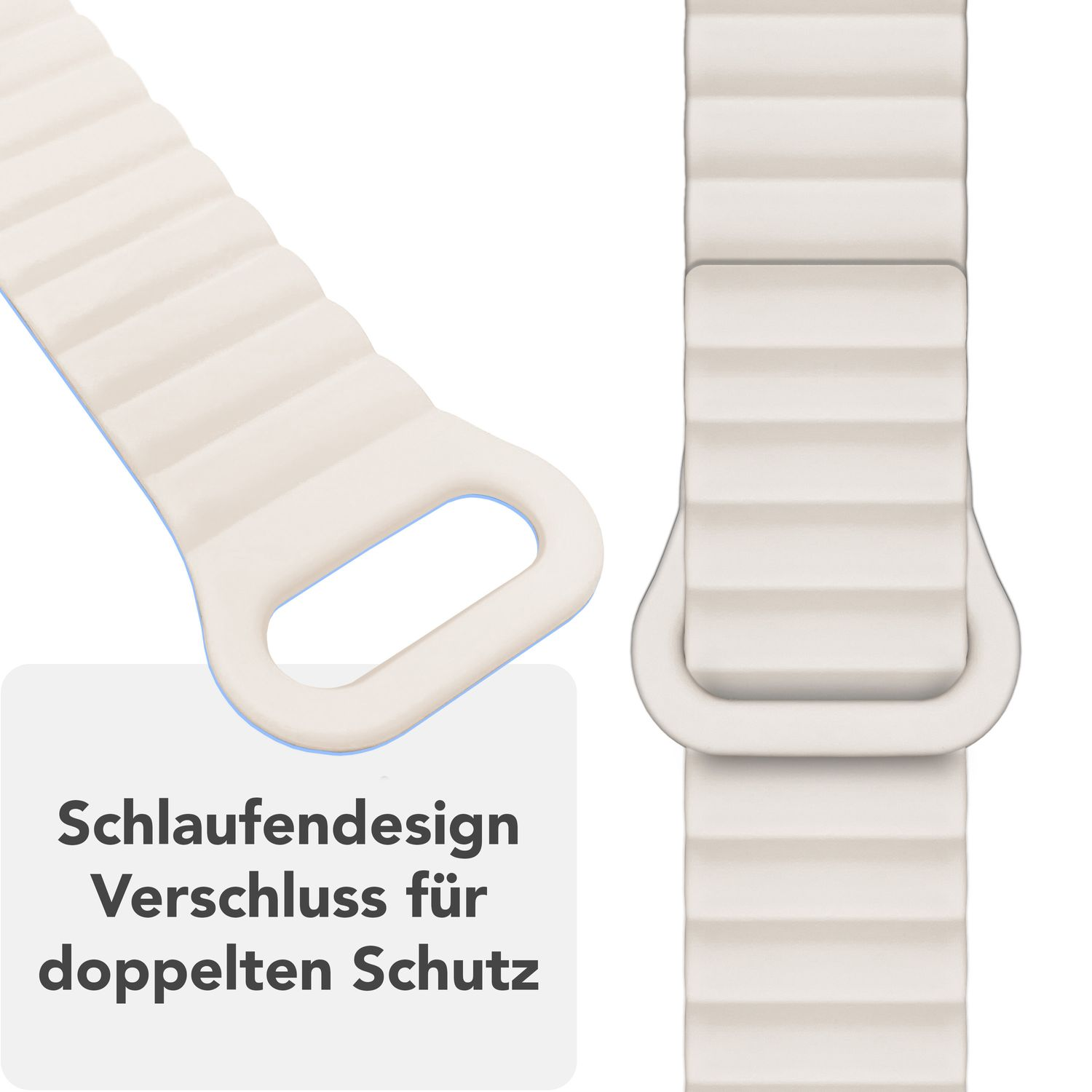 Ein weißes Uhrenarmband mit Schlaufendesign und doppeltem Schutz. Text sagt: Schlaufendesign Verschluss für doppelten Schutz.
