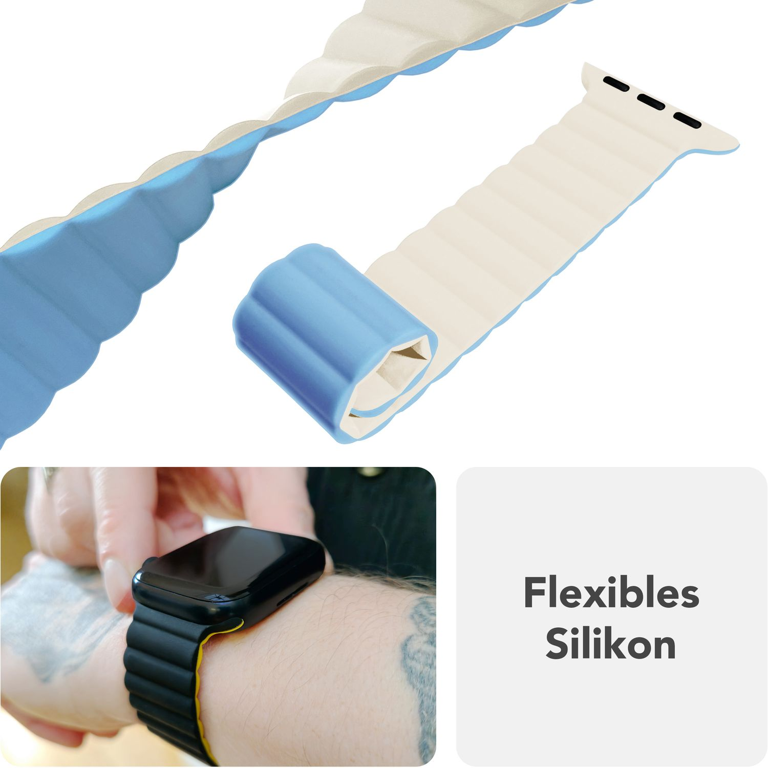 Ein blaues und weißes Uhrenarmband und eine schwarze Uhr mit einem schwarz-gelben Armband. Text sagt: Flexibles Silikon.