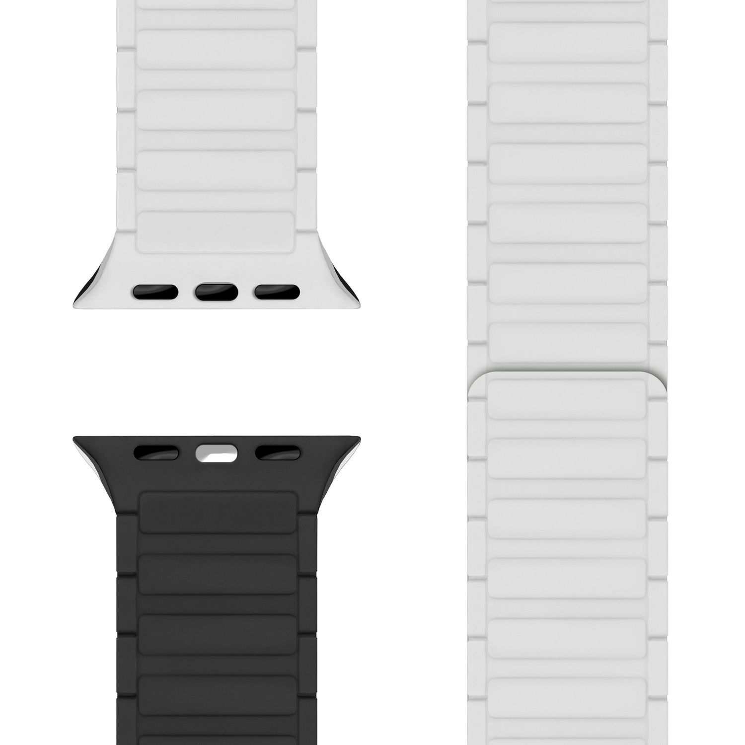 Uhrenarmbänder. Eines ist weiß und eines ist schwarz. Alle haben ein geriffeltes Design.