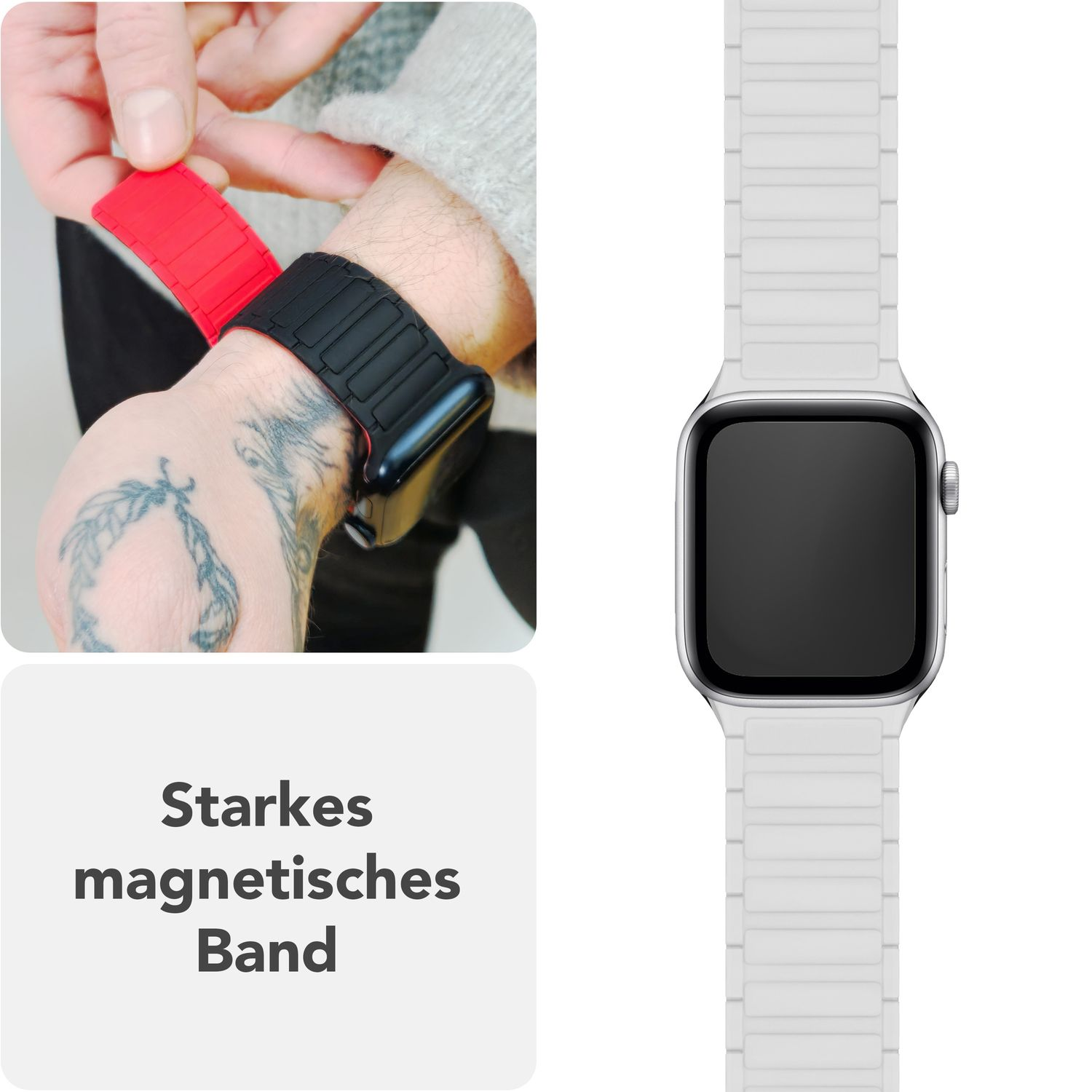 Eine Person befestigt ein rotes Uhrenarmband an einer schwarzen Uhr und einer weißen Uhr.