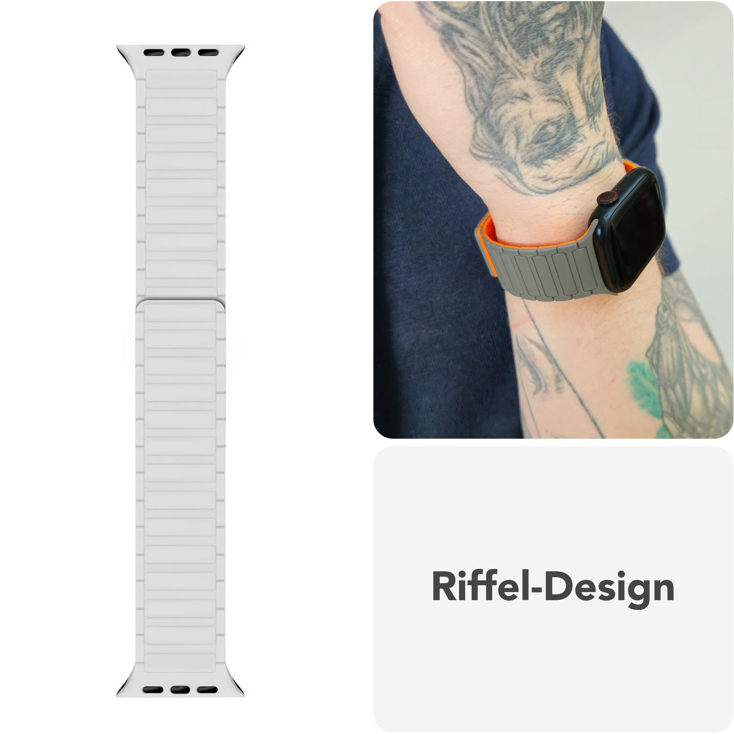Weißes Uhrenarmband mit geriffeltem Design. Ein orangefarbenes und graues Band ist an einem tätowierten Handgelenk abgebildet.
