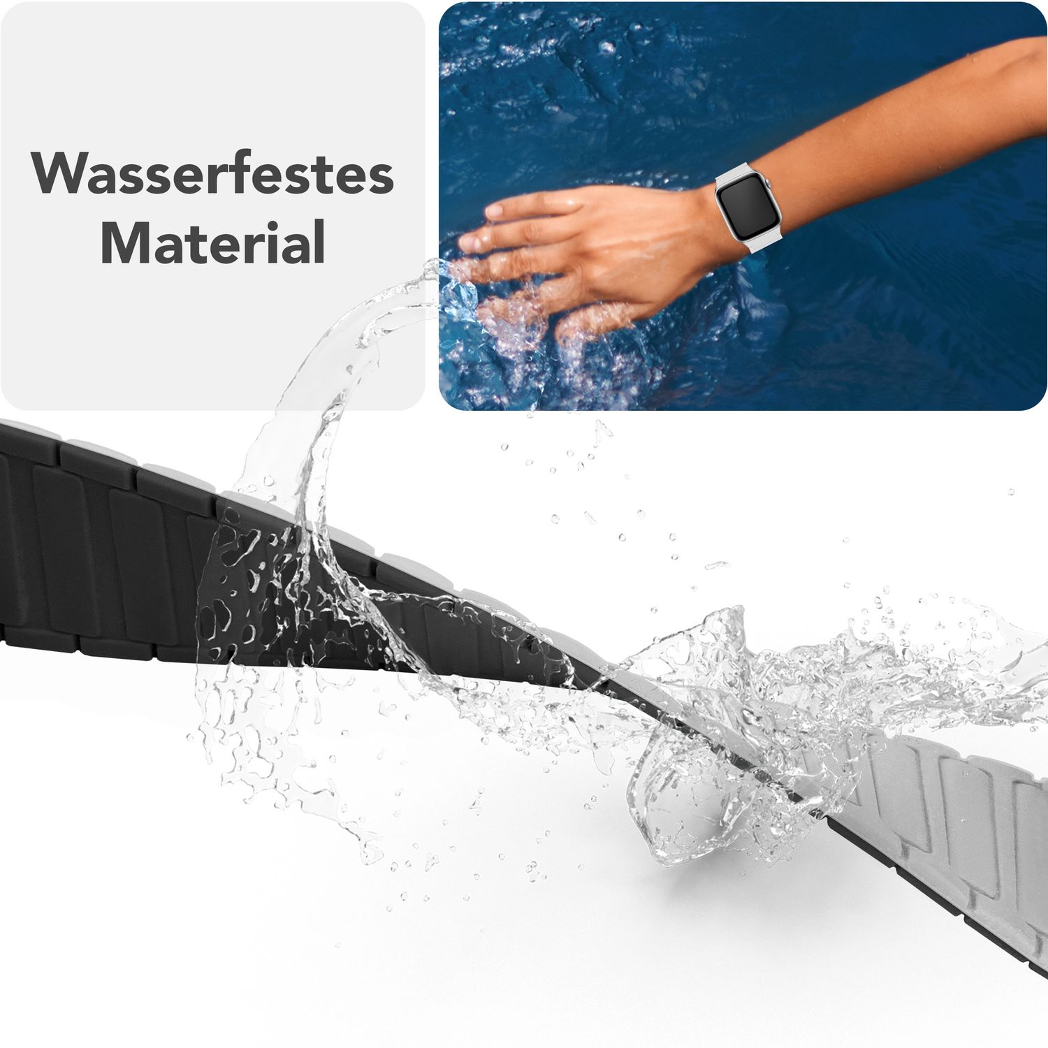 Wasser spritzt über ein Uhrenarmband. Die Hand einer Person mit einer Uhr befindet sich im Wasser. Das Band ist schwarz und weiß.