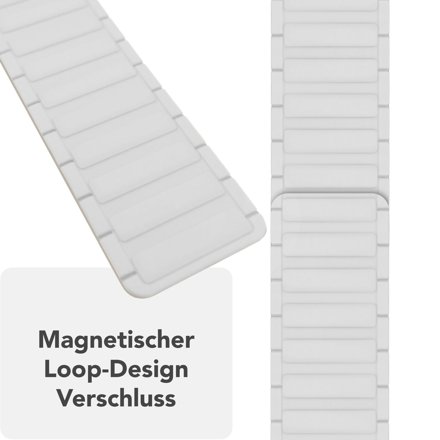 Uhrenarmbänder. Alle sind weiß mit einem geriffelten Design. Eine Nahaufnahme des Verschlusses des Bandes ist zu sehen.