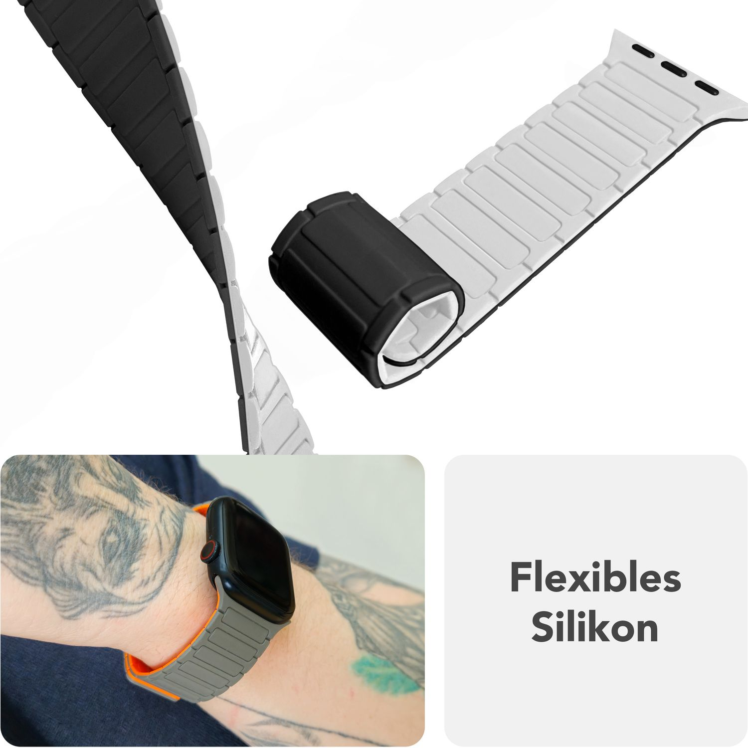 Ein Uhrenarmband ist aufgerollt. Es ist weiß und schwarz. Eine andere Uhr befindet sich an einem Handgelenk mit einem grauen und orangenen Band.