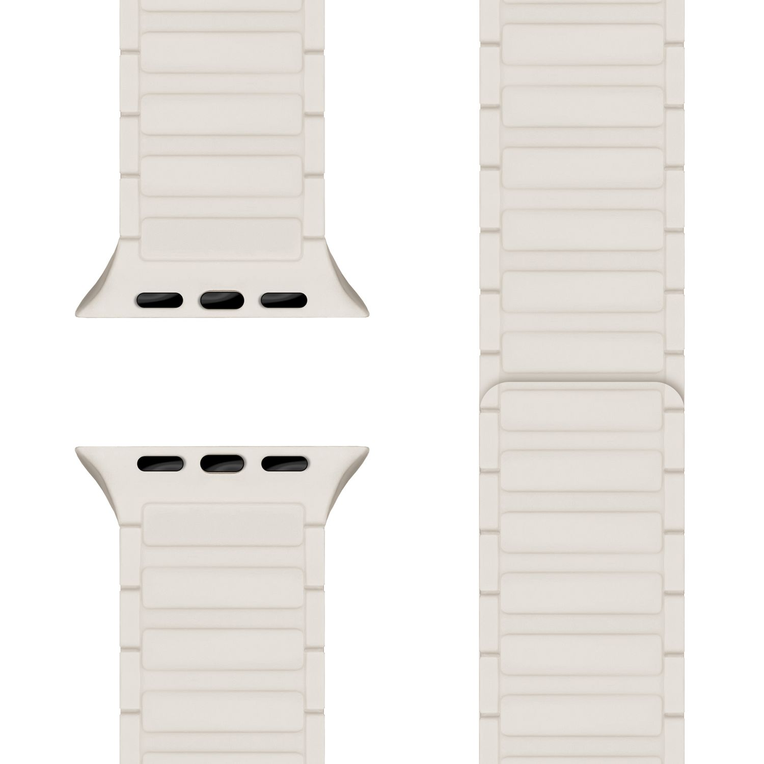 Drei weiße Uhrenarmbänder. Alle haben ein geriffeltes Design.