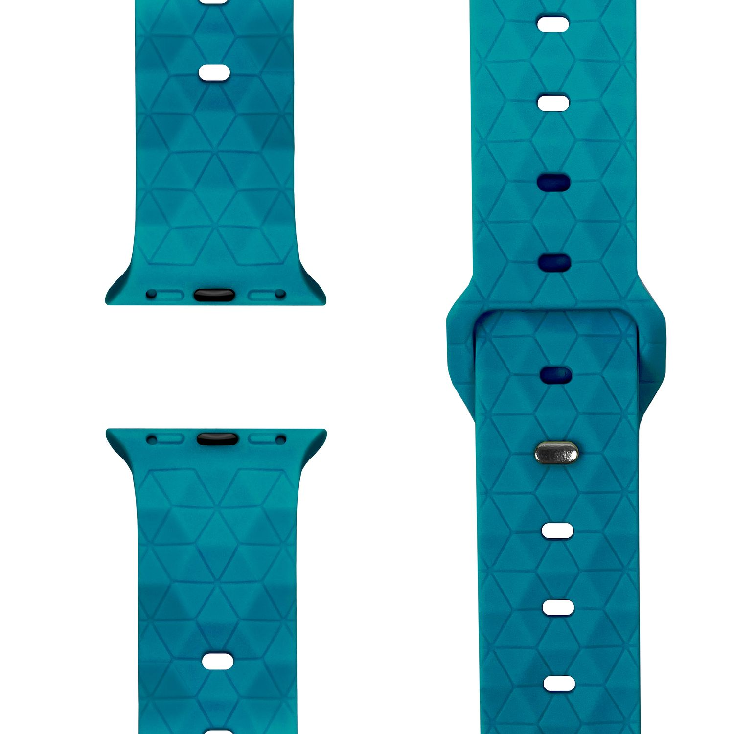 Türkisfarbene Uhrenarmbänder mit geometrischem Muster und Löchern für die Schnalle.