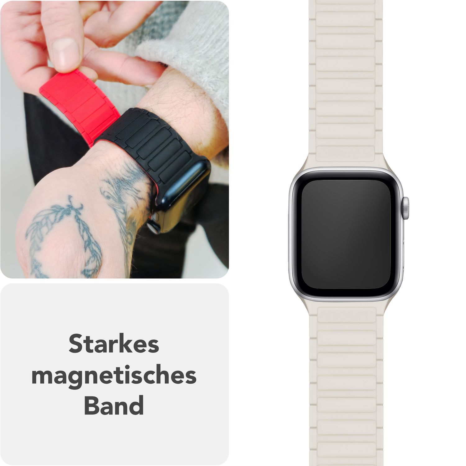 Handgelenk mit schwarzem und rotem Uhrenarmband, daneben weißes Uhrenarmband.
