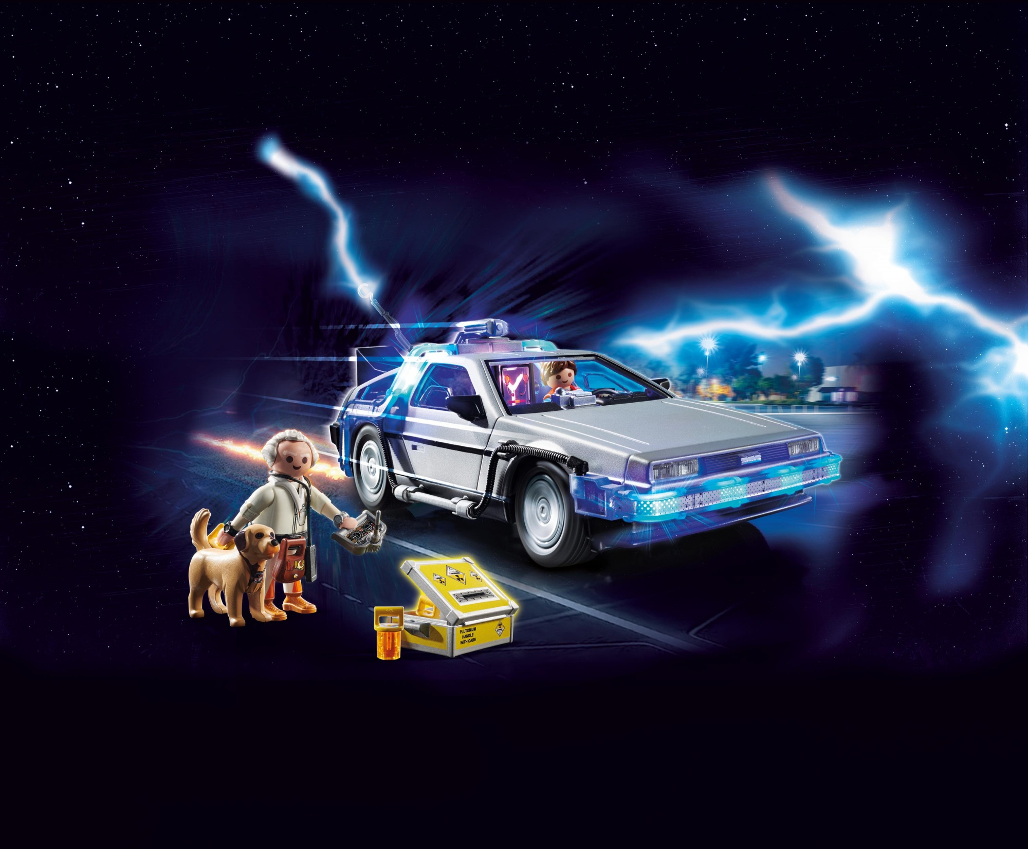 Delorean-Auto aus Zurück in die Zukunft, Playmobil, mit Figuren und Hintergrund.