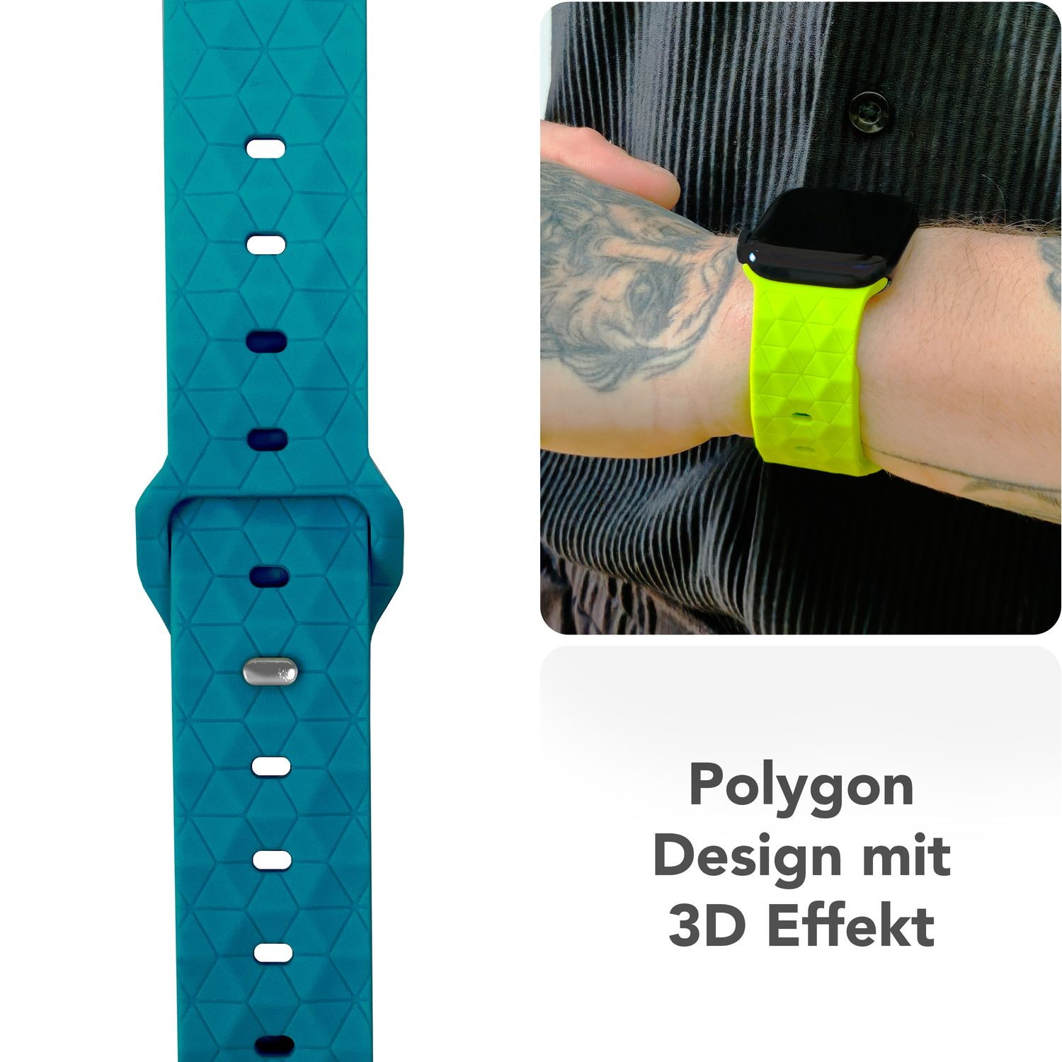Türkisfarbenes Uhrenarmband mit geometrischem Design. Person trägt neongelbes Band.