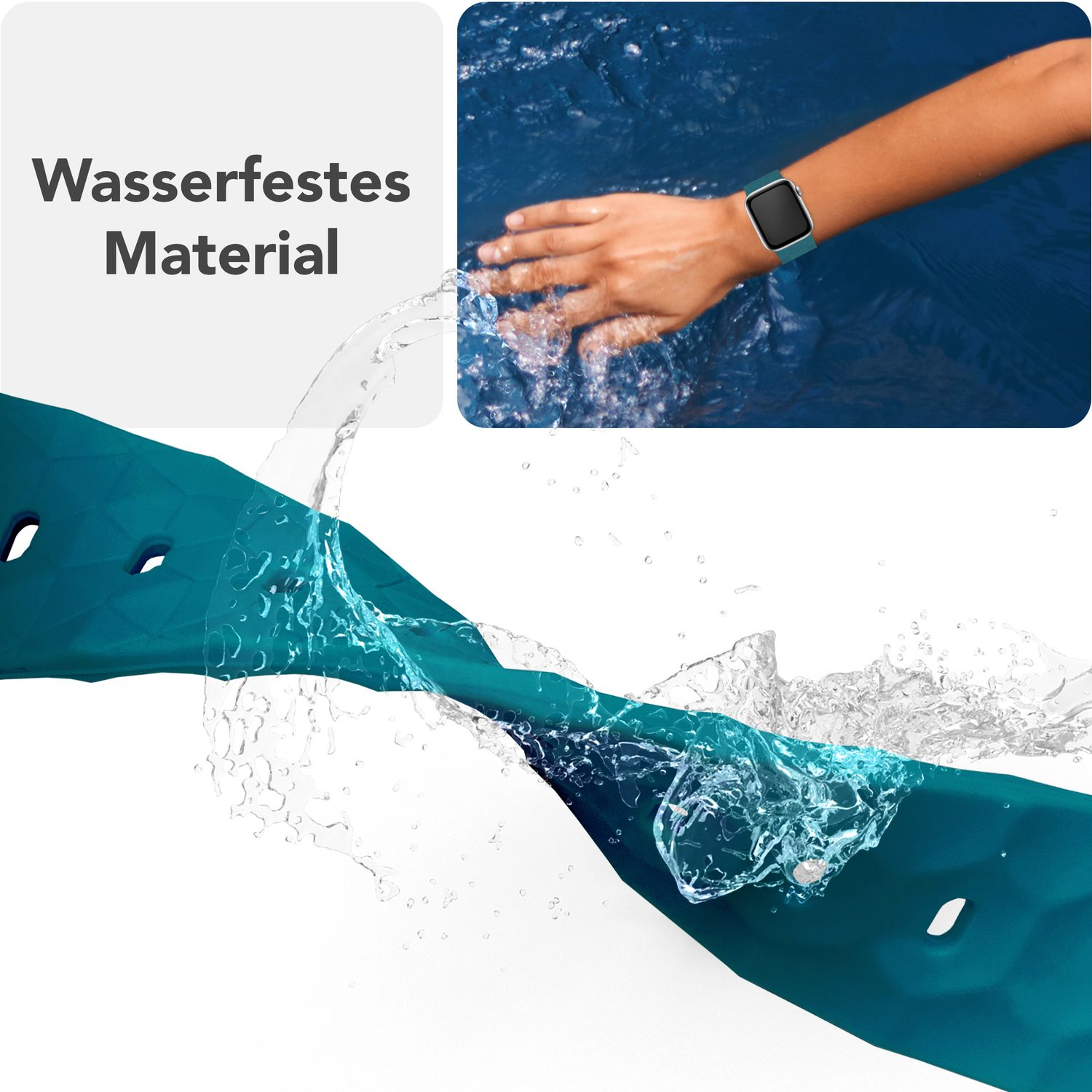 Türkisfarbenes Uhrenarmband mit Wasserspritzern. Das Band ist am Handgelenk einer Person.