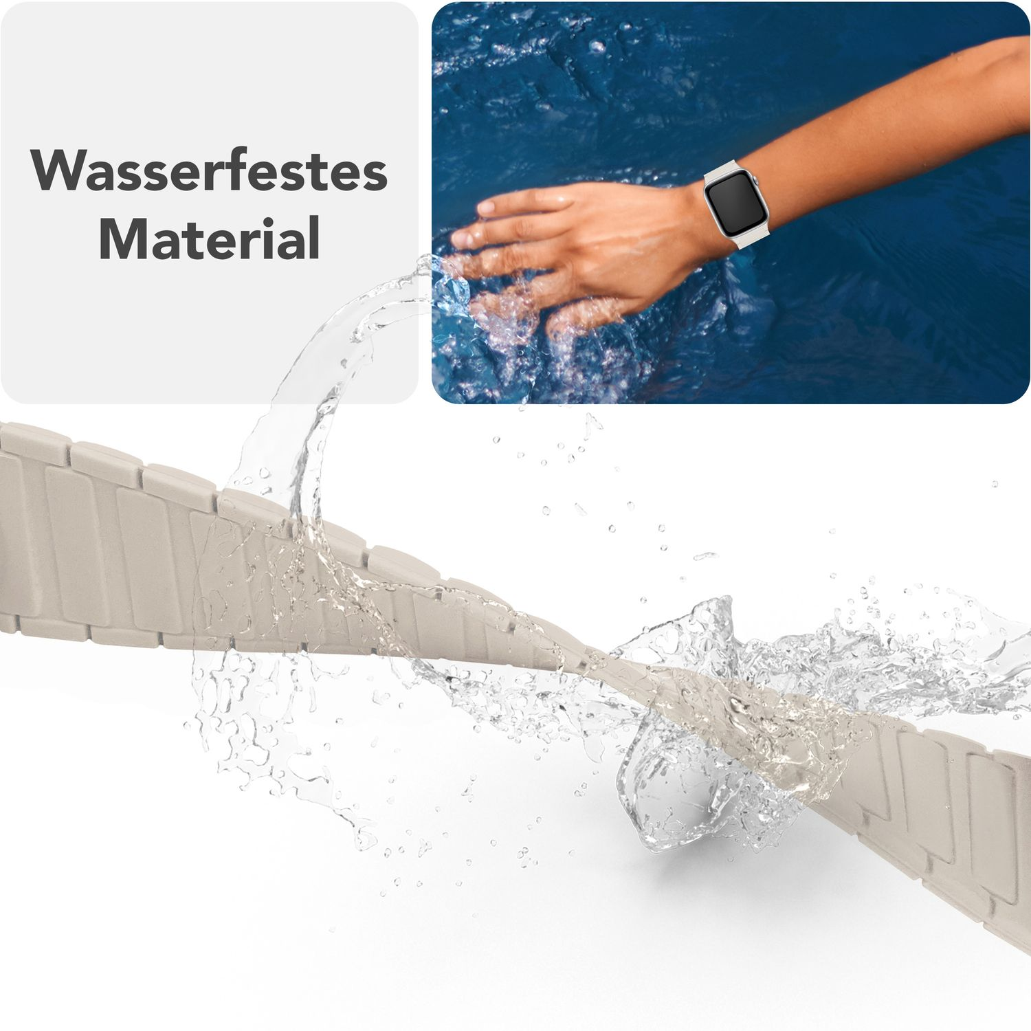 Ein weißes Uhrenarmband mit Wassertropfen und eine Nahaufnahme einer Hand mit Uhr.