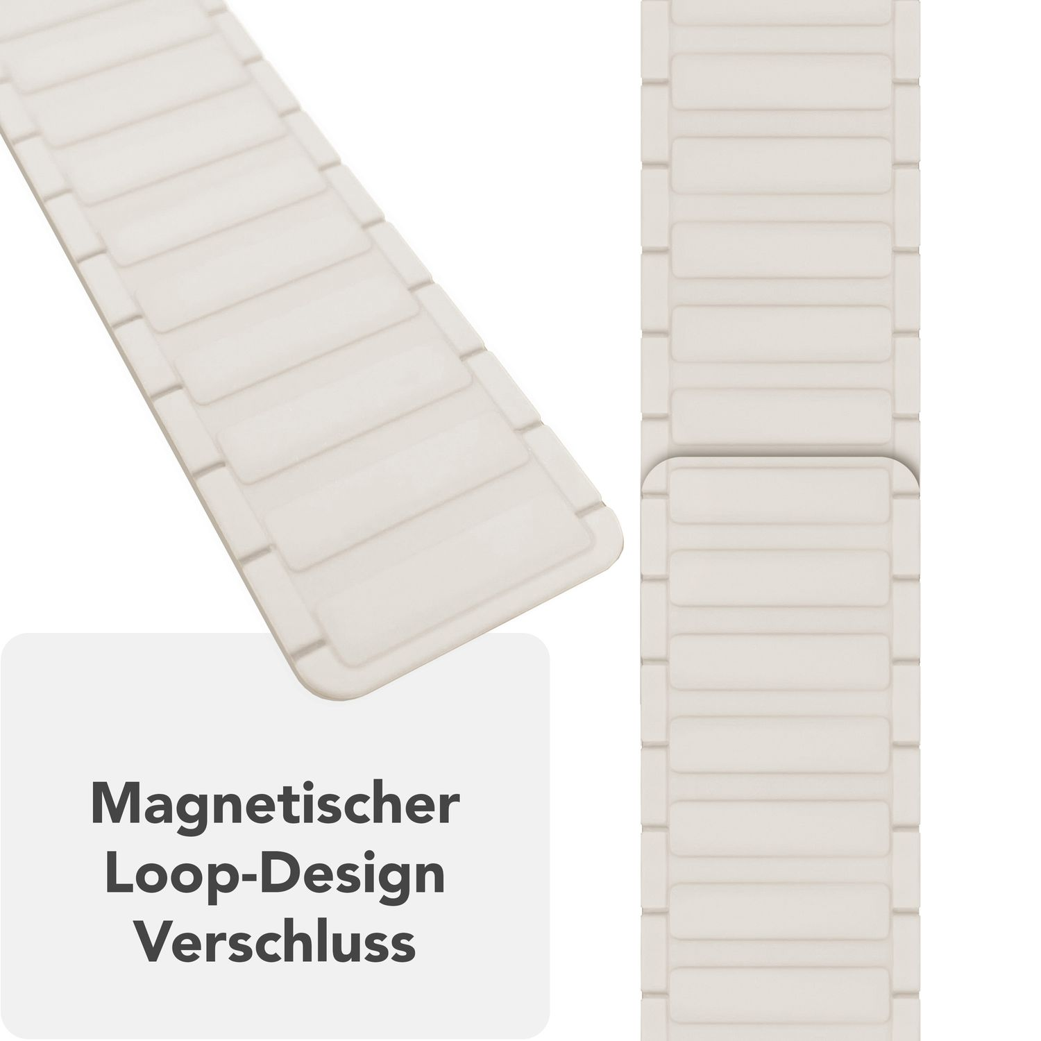 Weißes Uhrenarmband im magnetischen Loop-Design, Nahaufnahme.