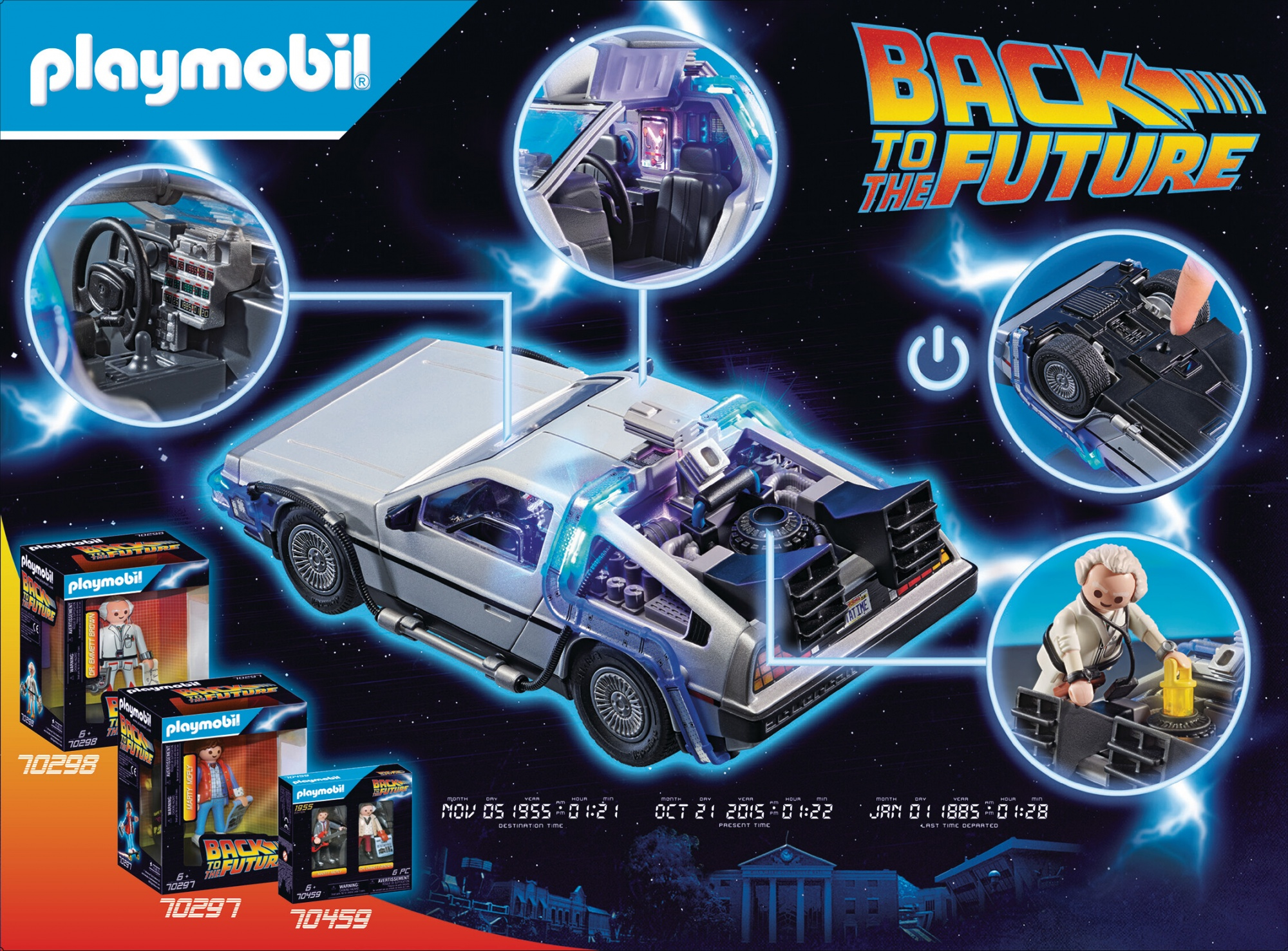 Playmobil "Zurück in die Zukunft"-Set mit DeLorean, Figuren und dazugehörigen Boxen.