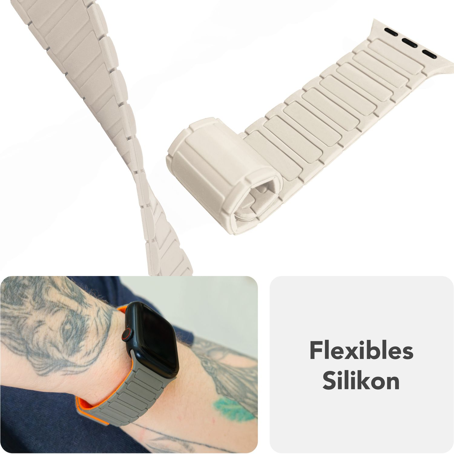 Beiges Uhrenarmband, abgenommen und an einem Handgelenk. Der Hintergrund ist weiß.