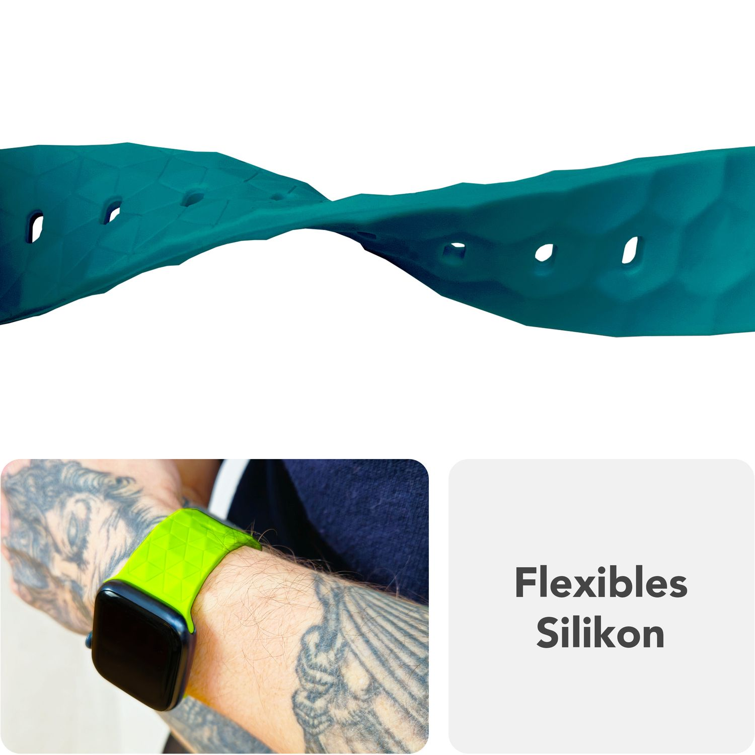 Uhrarmband aus flexiblem Silikon, am Handgelenk, in Türkis.