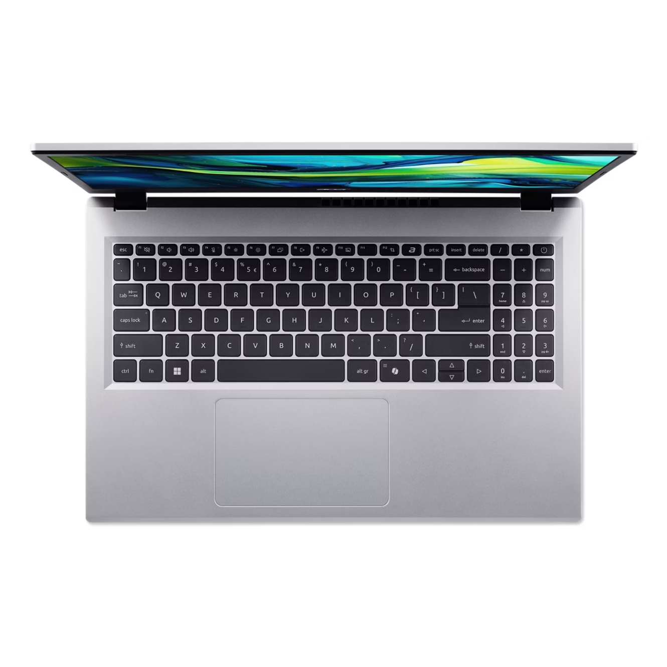 Laptop Acer, widok z góry, otwarty, pokazujący klawiaturę i ekran z kolorowym wyświetlaczem.