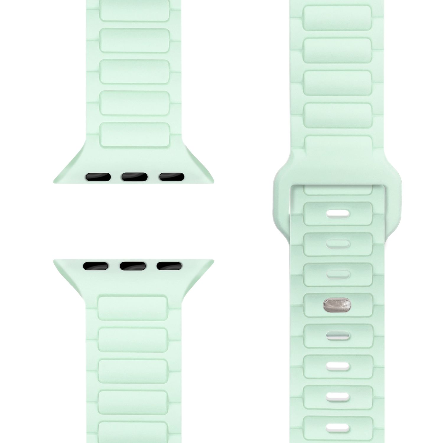 Ein Paar hellgrüne Apple Watch Armbänder. Das Band ist segmentiert.