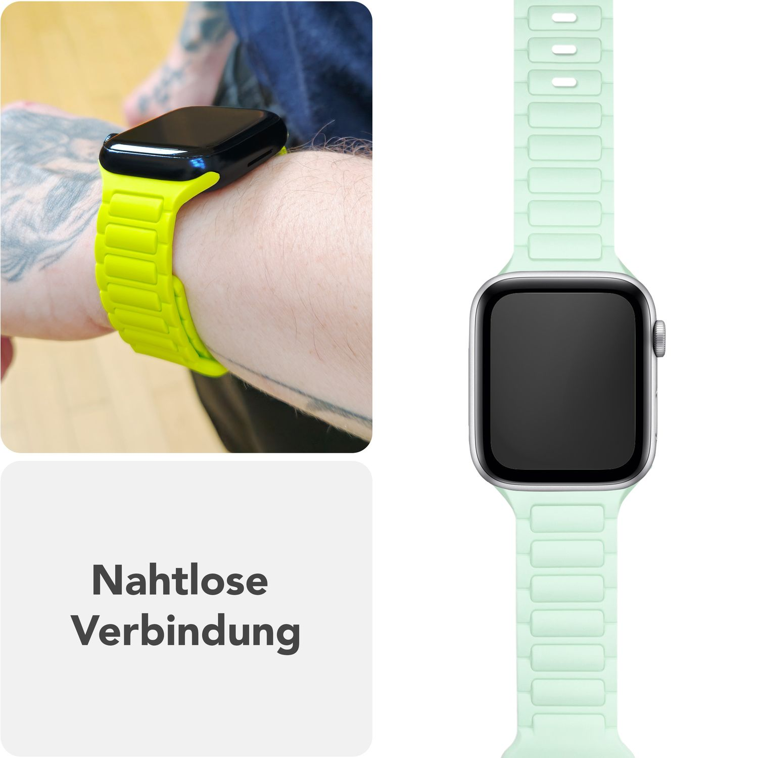 Zwei Bilder eines Handgelenks mit einer Smartwatch. Auf der linken Seite ist ein grünes Uhrenarmband.