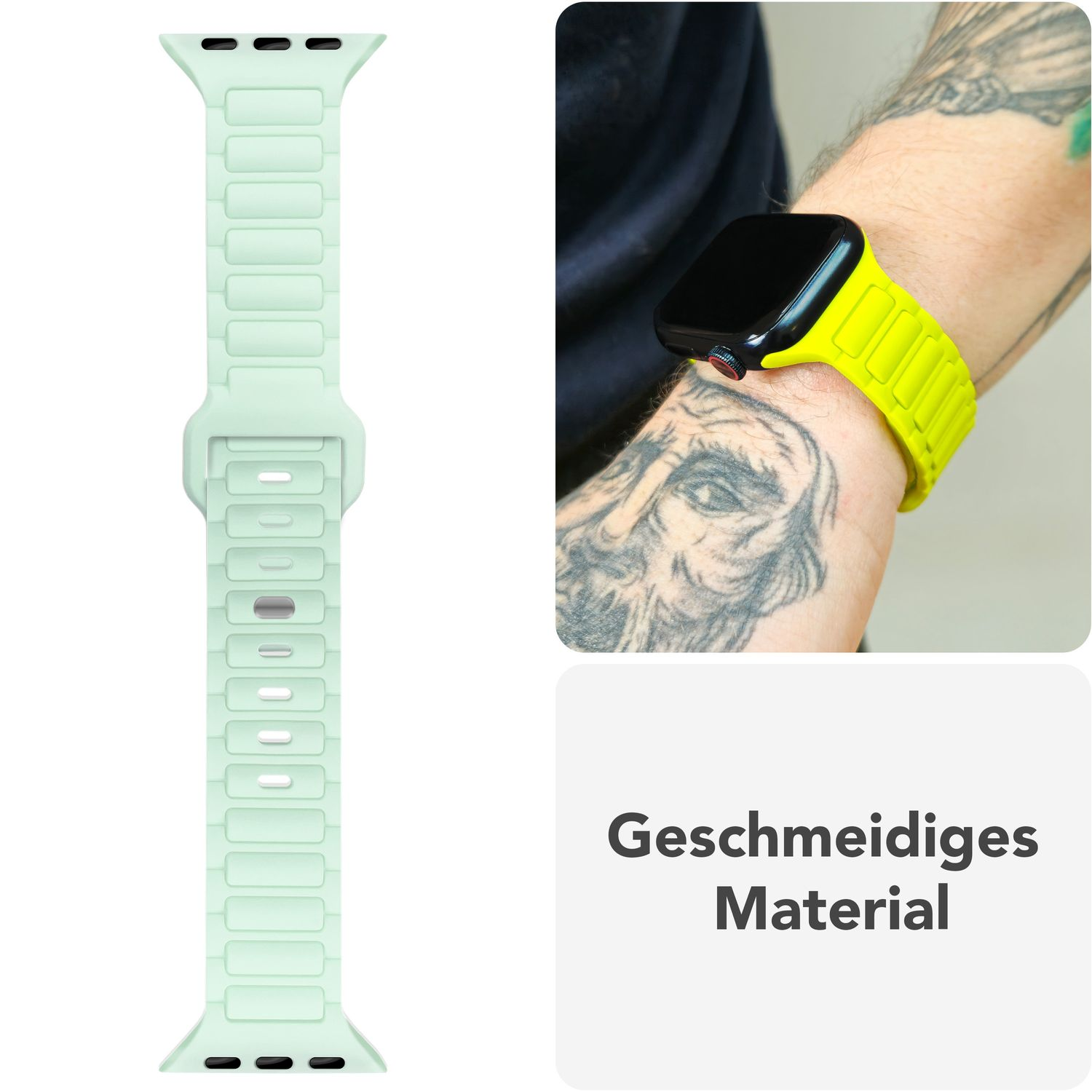 Ein hellgrünes Apple Watch Armband am Handgelenk, neben Text für flexibles Material.