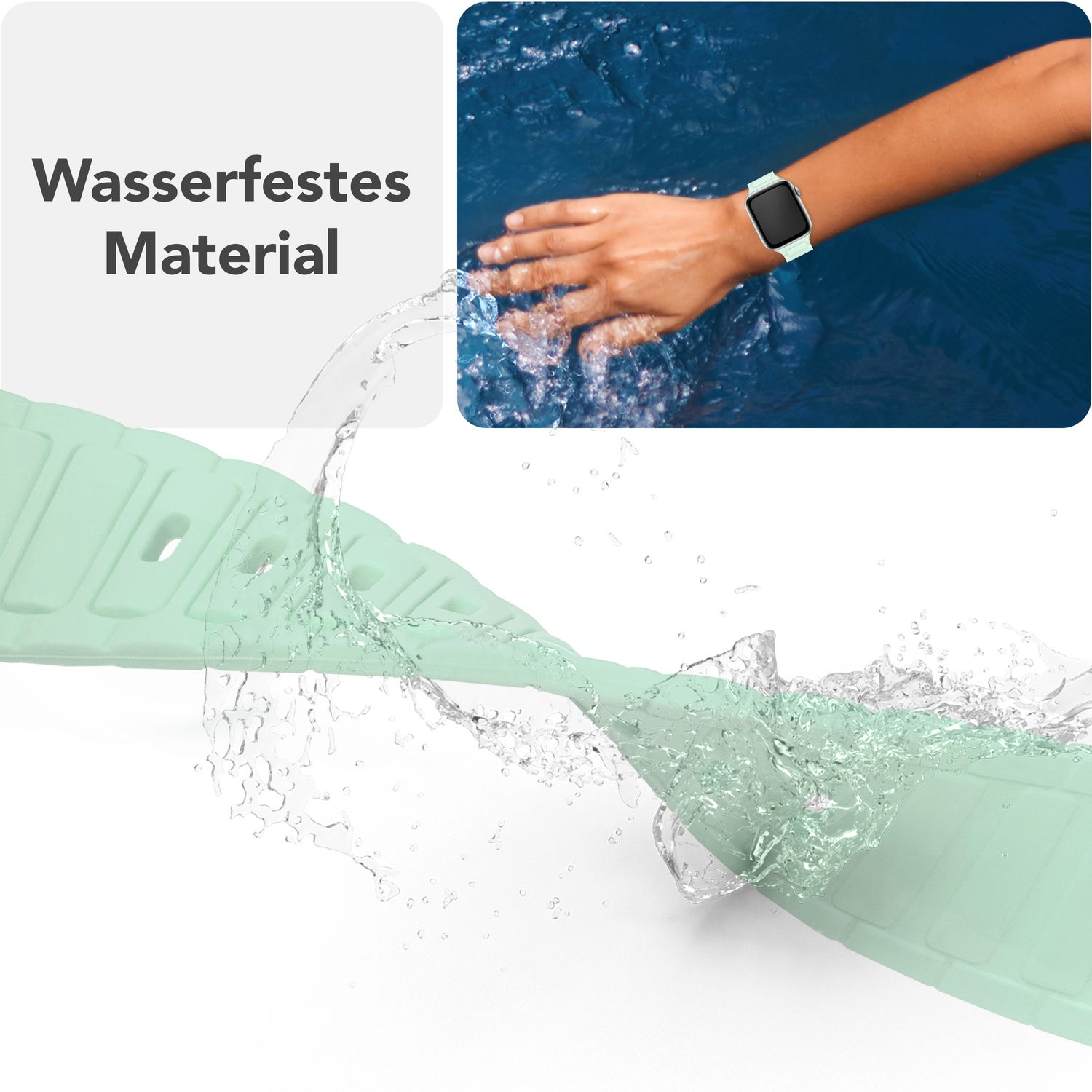 Ein Uhrenarmband ist im Wasser, und eine Person trägt die Uhr in der Ecke.