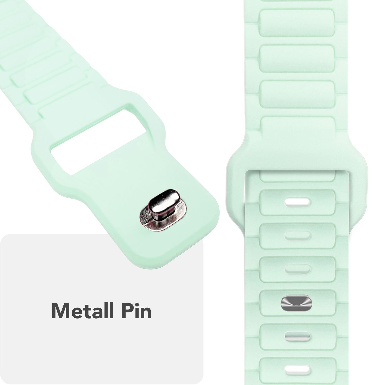 Nahaufnahme eines hellgrünen Uhrenarmbands mit einem Metallstift.